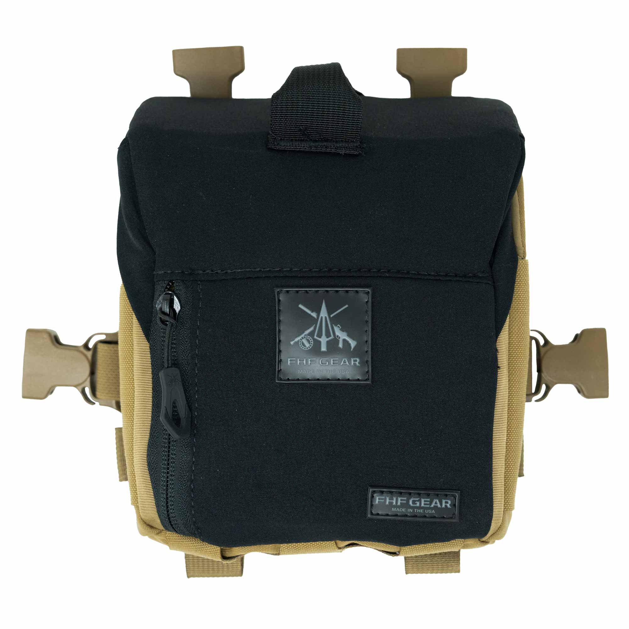 Black & tan FHF Gear binocular harness pouch with front zipper & top clips.