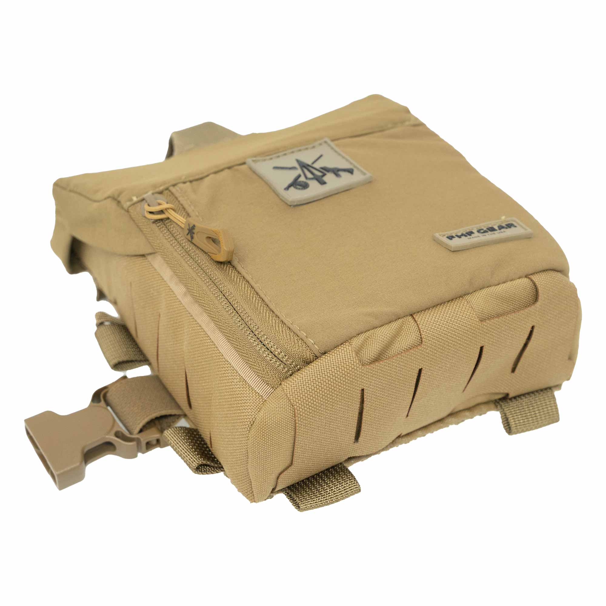 Tan tactical pouch with main zipper, logo patch, laser-cut MOLLE, and side buckle.