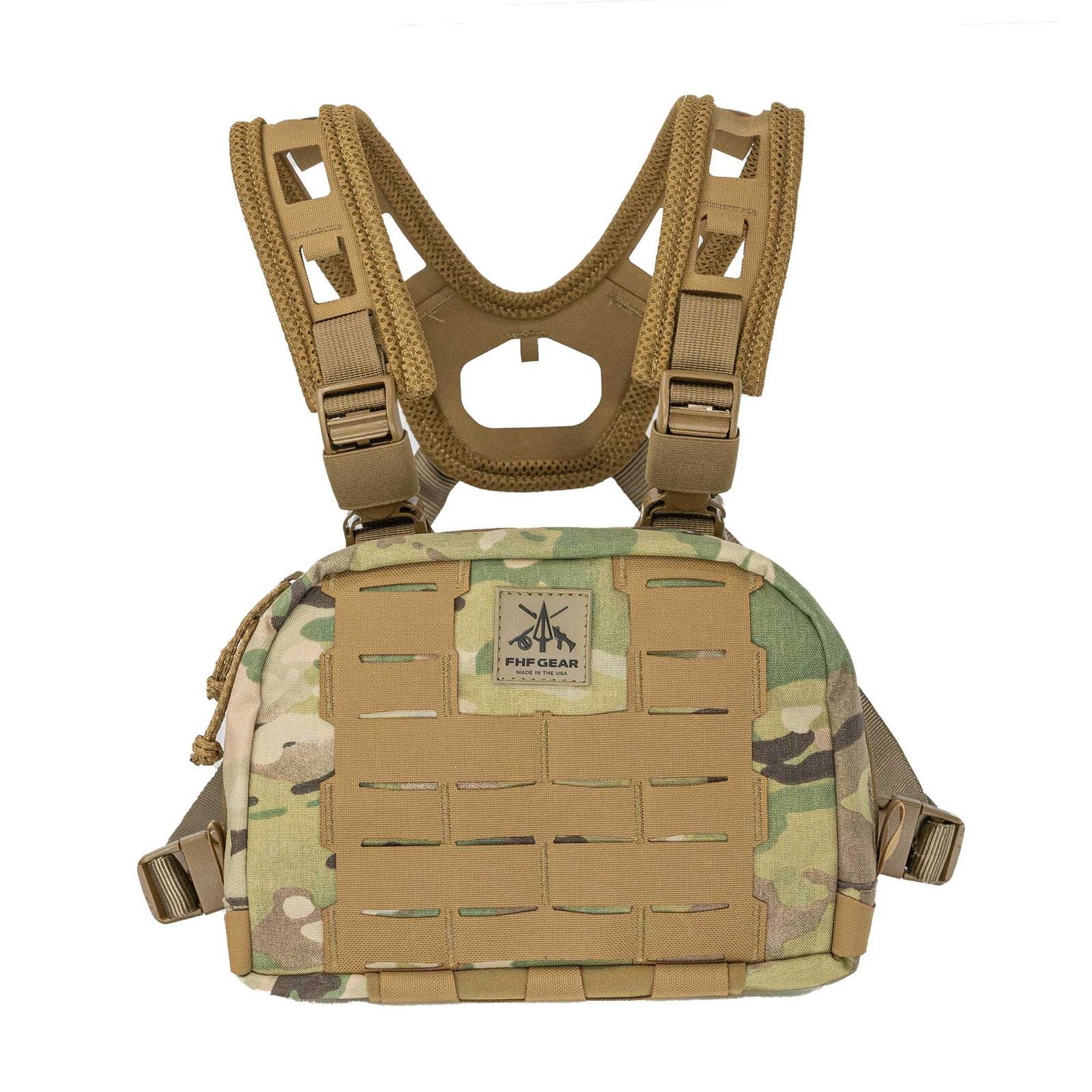 Multicam tactical chest rig with coyote brown X-harness and MOLLE webbing.
