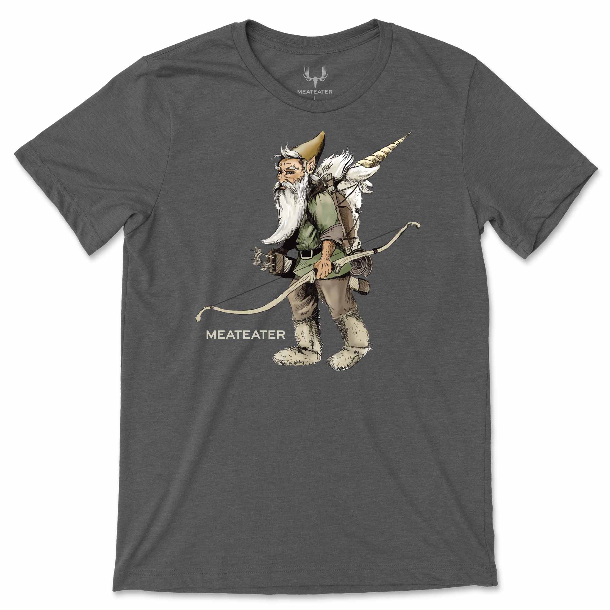 Gray t-shirt with a graphic of a gnome archer and 'Meateater' branding on a white background.