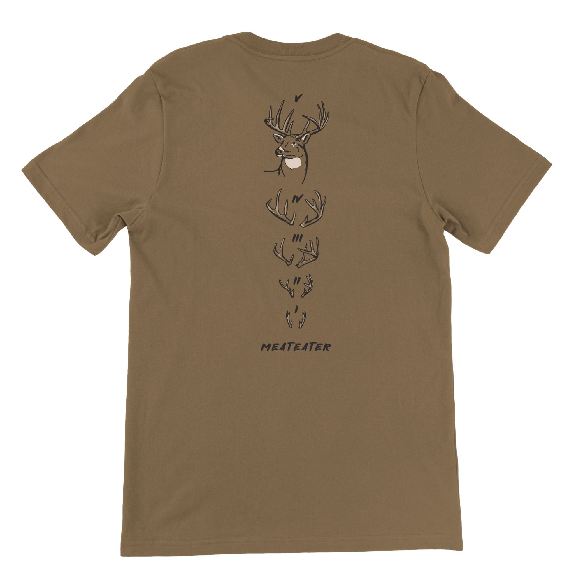Brown T-shirt with a deer head on top and 4 pairs of antlers below with MEATEATER at the bottom.