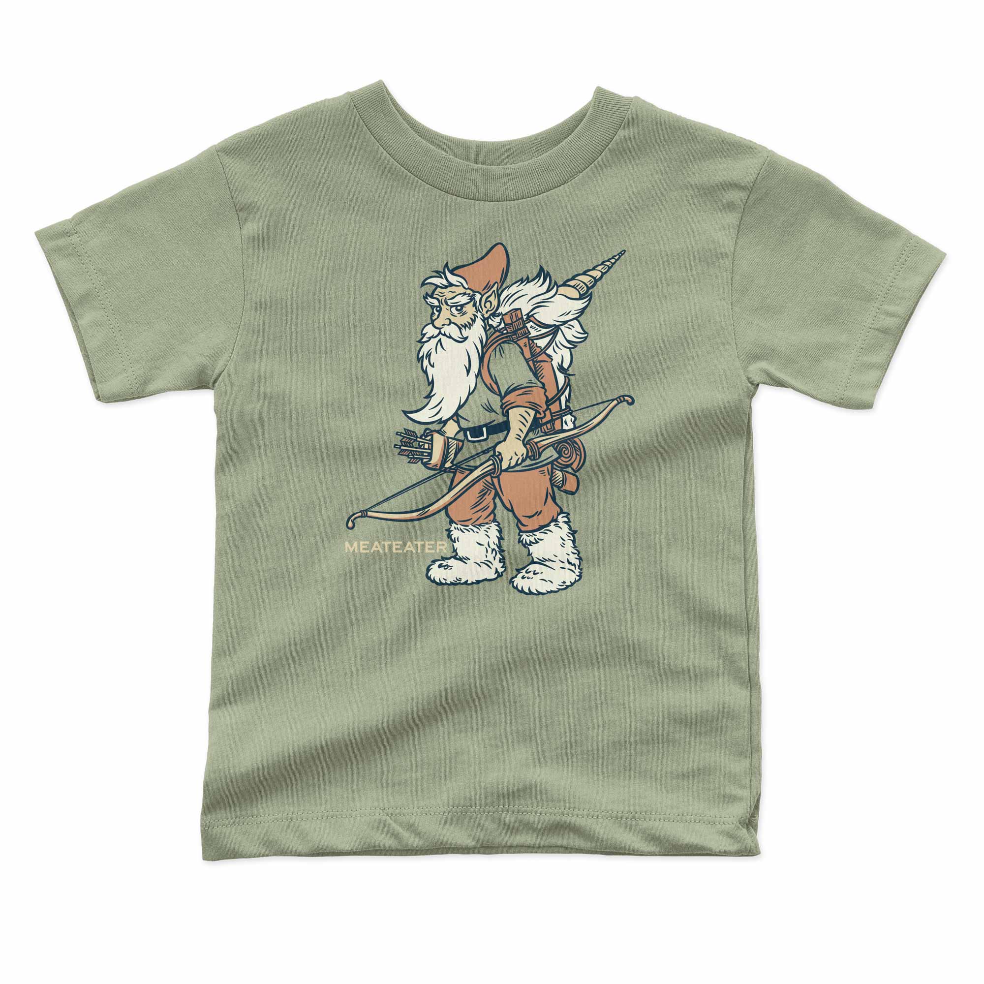 Green t-shirt with a cartoon gnome graphic on a white background