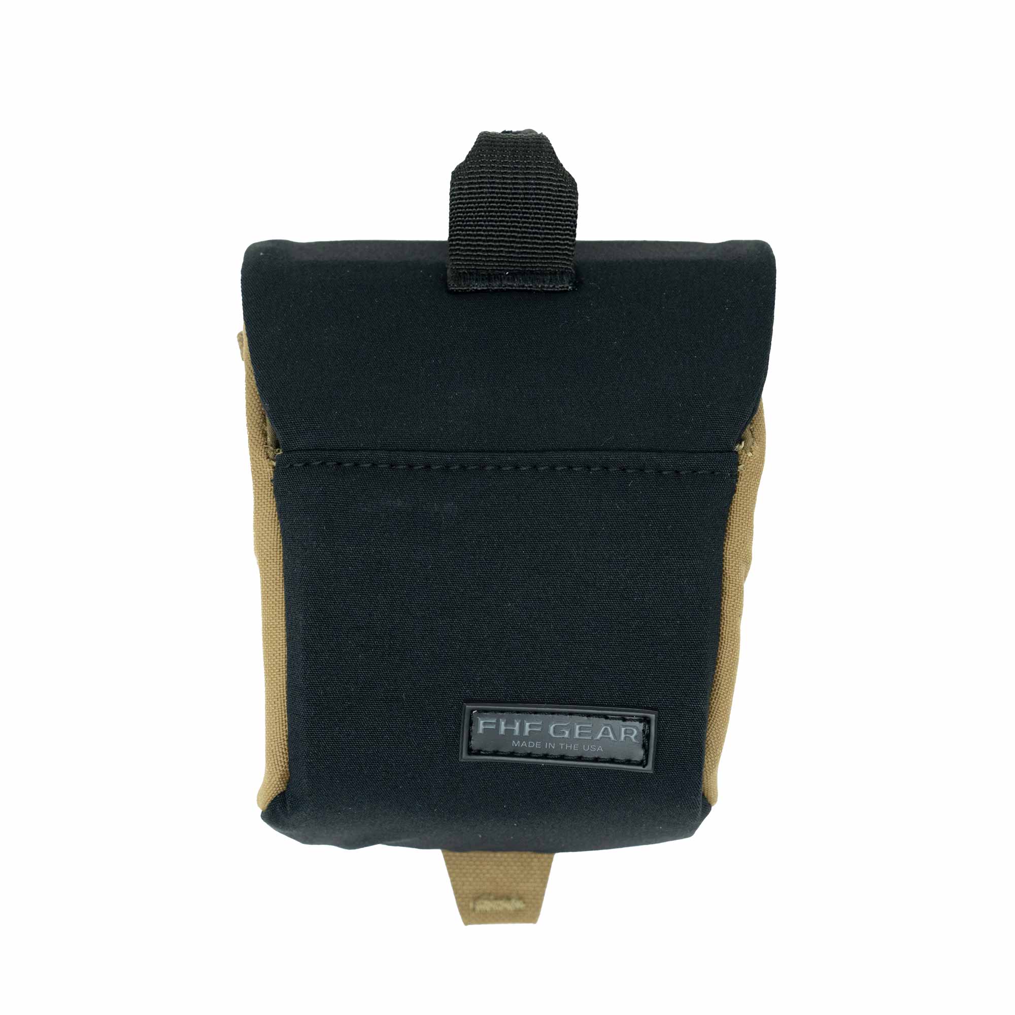 Two-tone black/coyote gear pouch with top flap, webbing loops, and FHF GEAR label.