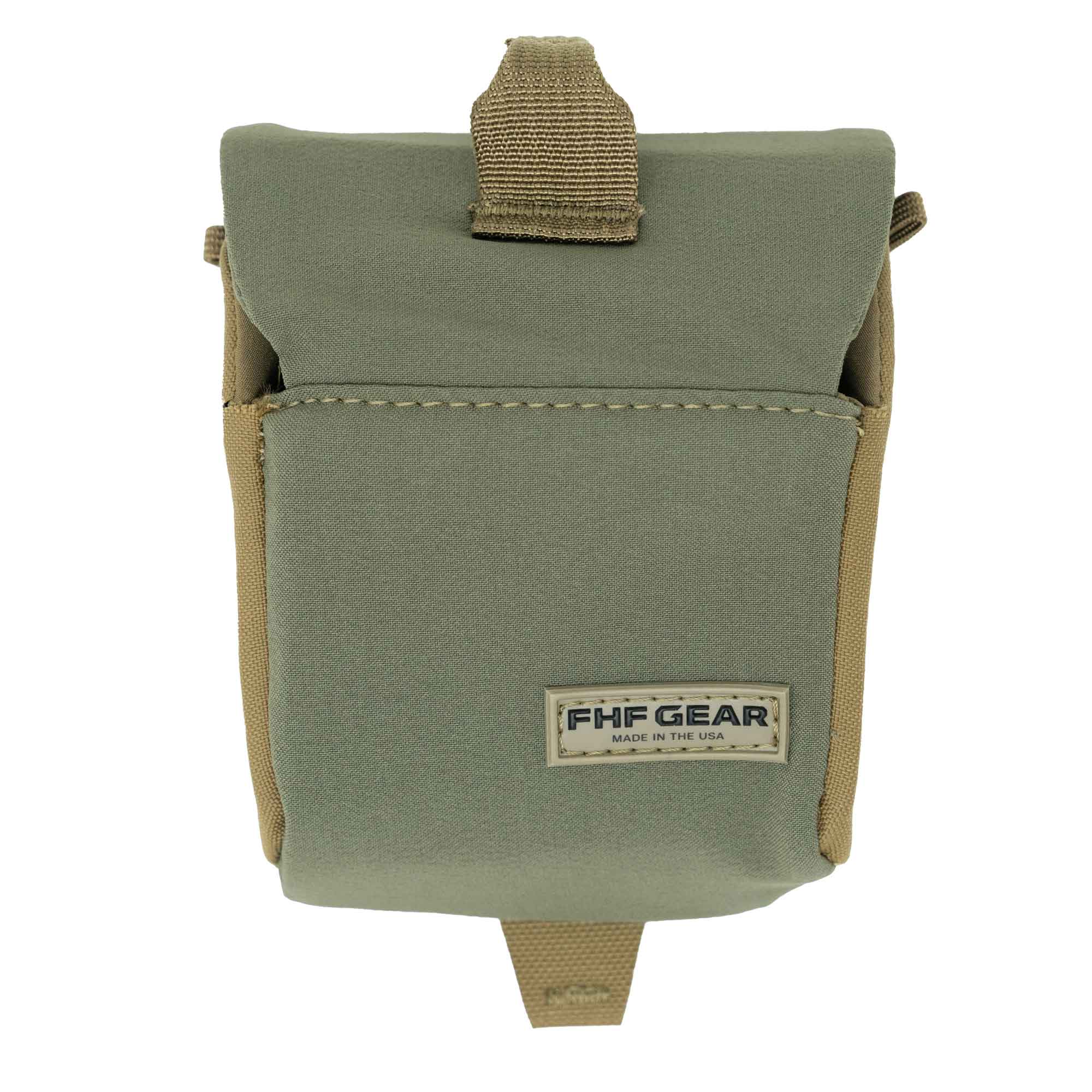 Olive green FHF GEAR pouch with tan accents, flap top, and logo.