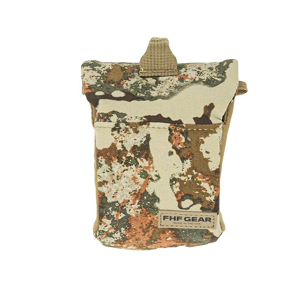 Multi-cam camouflage gear pouch with top loop and FHF Gear label.