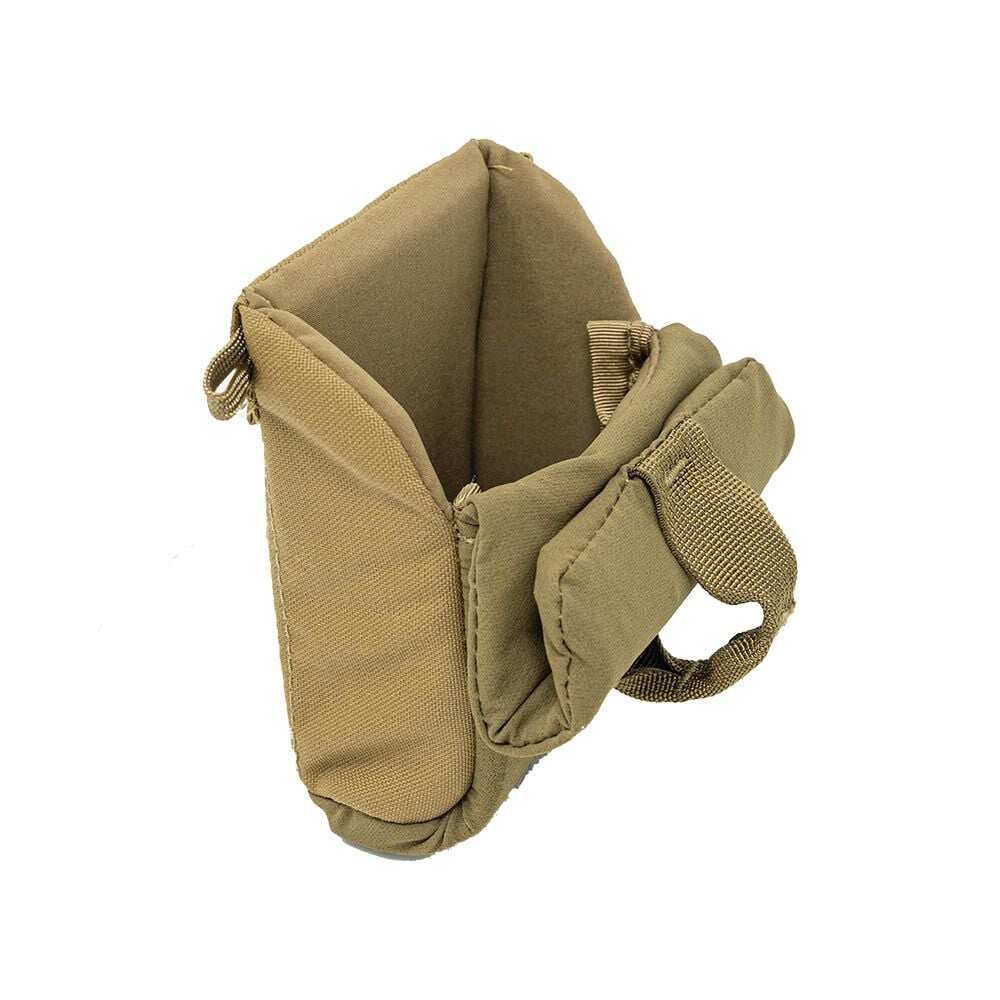 Coyote brown padded tactical pouch with an open top and side web straps.