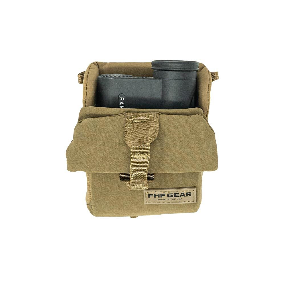 Tan FHF GEAR rangefinder pouch with flap, holding a black rangefinder.