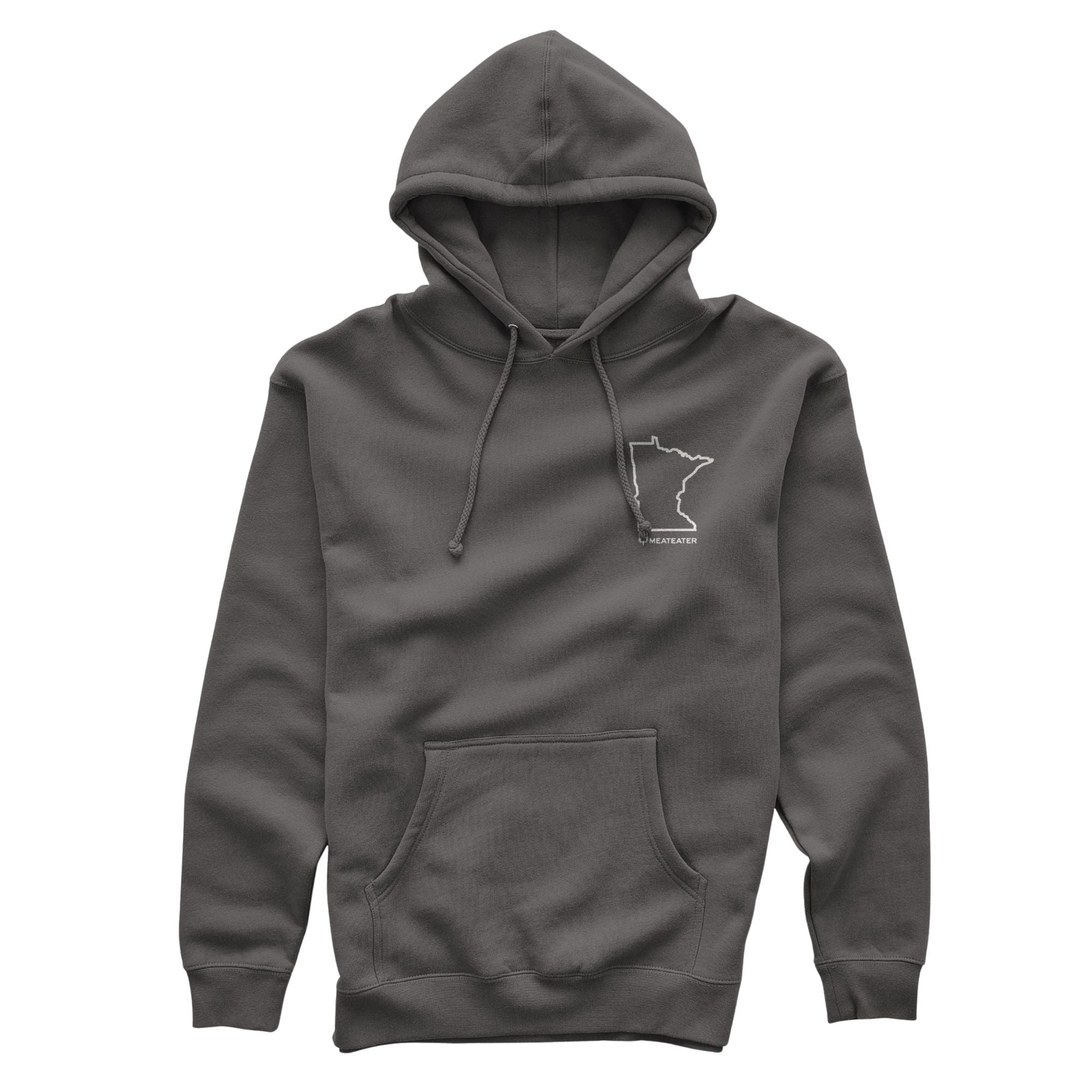 Gray hoodie with Minnesota map, drawstring hood, and kangaroo pocket.