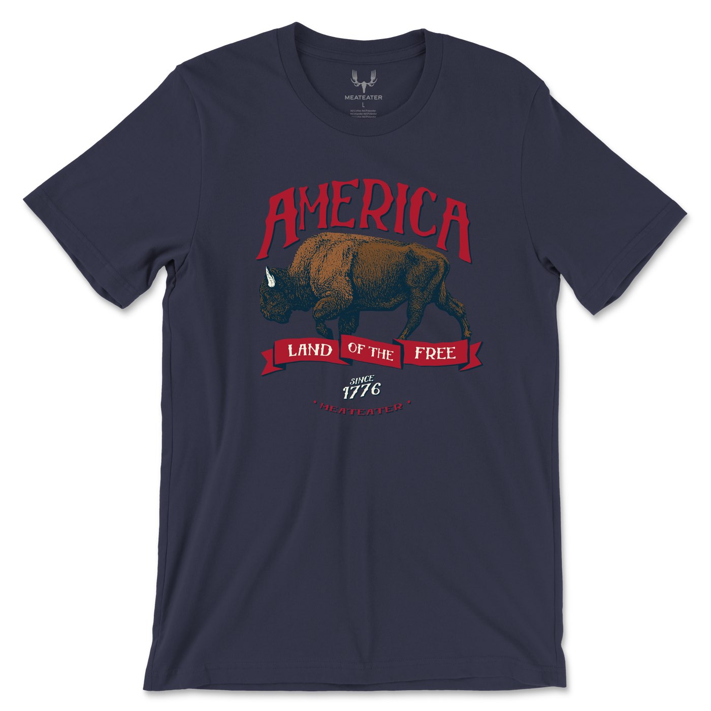 Navy blue t-shirt with a graphic of a bison and text on a red