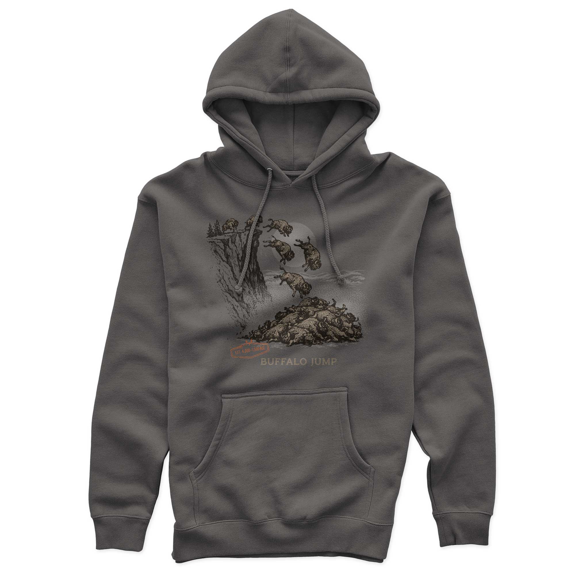 Charcoal hoodie with 'Buffalo Jump' graphic of buffalo falling off a cliff.