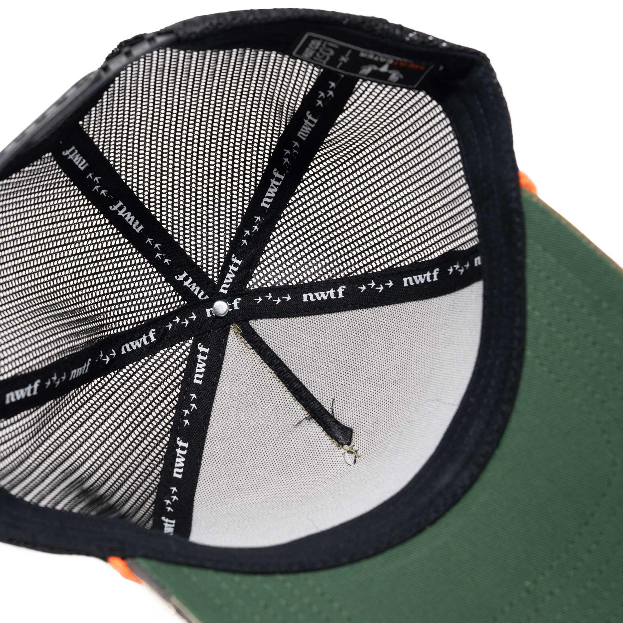 Inside green, black mesh trucker cap with NWTF logo tape and orange accent.