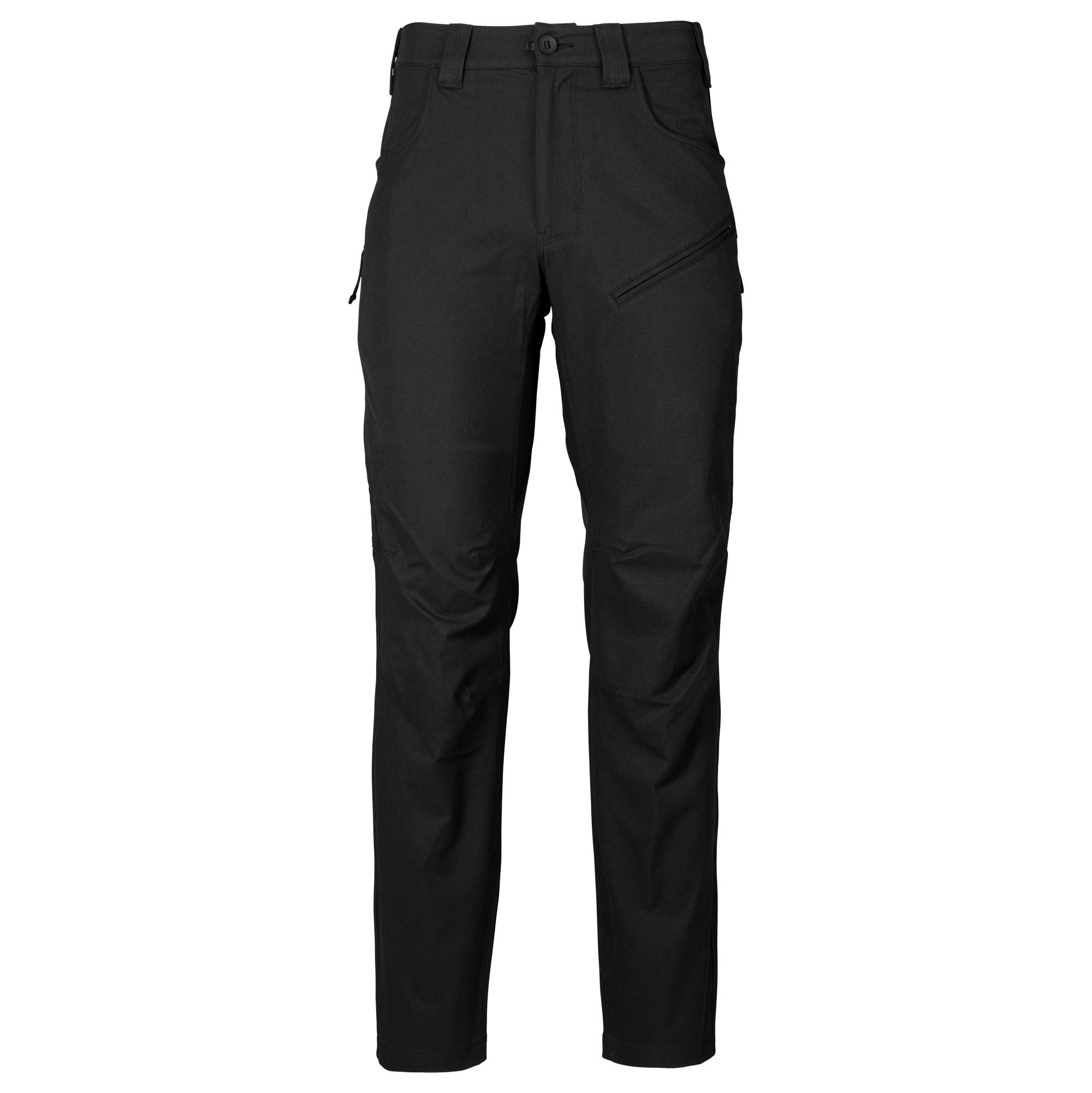 Black tactical pants with a button closure, belt loops, angled zippered thigh pockets, and articulated knees.