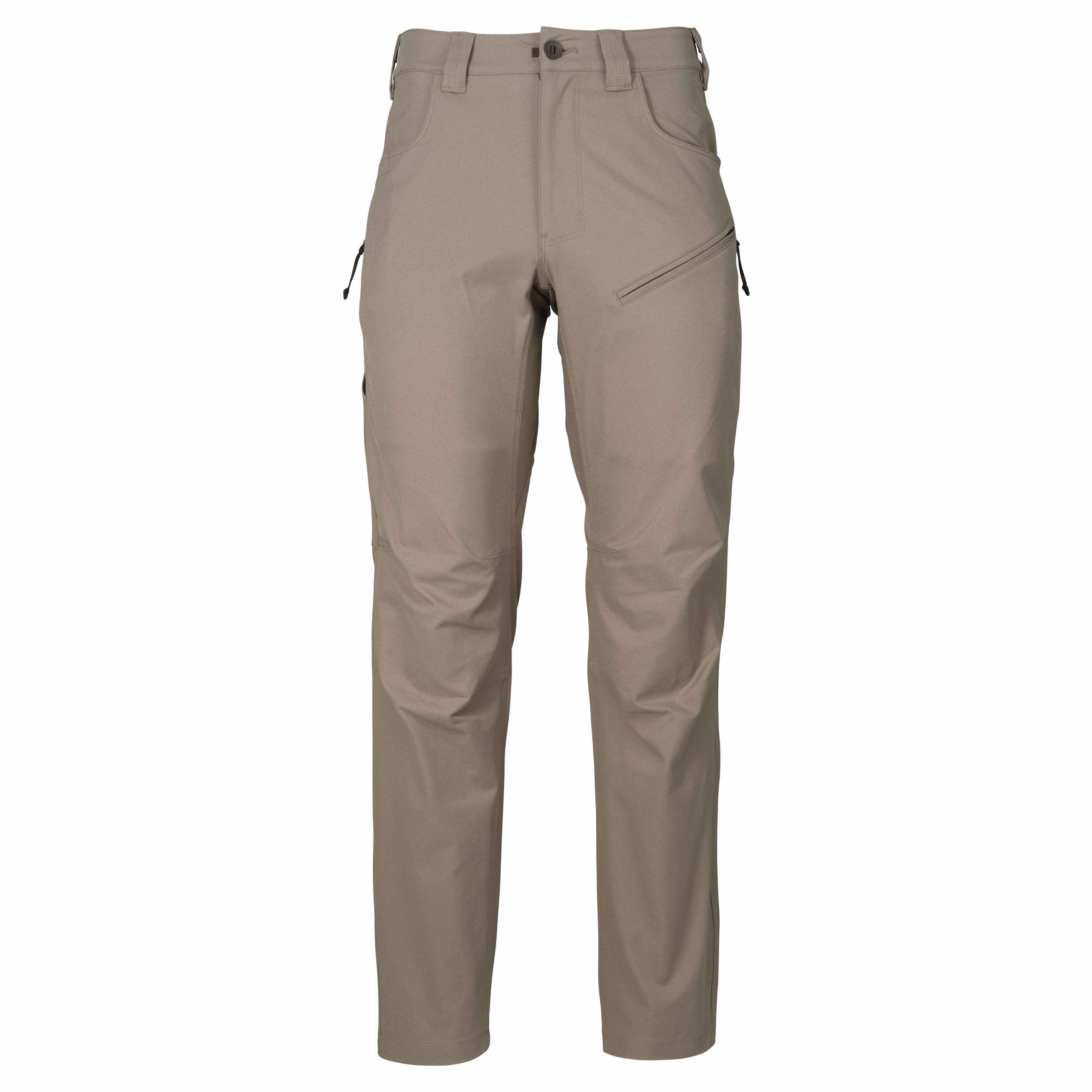 Khaki pants with a button closure, front pockets, and a zippered thigh pocket.