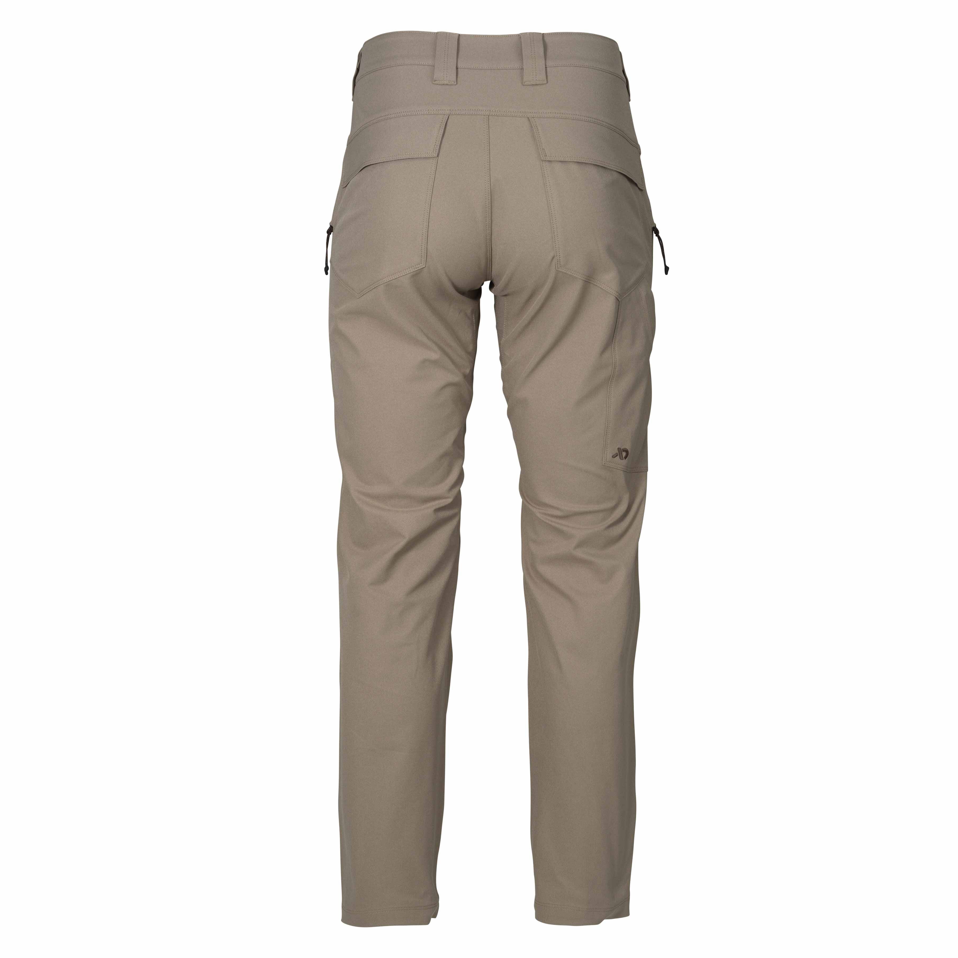 Tan hiking pants, back view, showing a flat waistband with belt loops, two rear flap pockets, and a subtle logo on the right thigh.