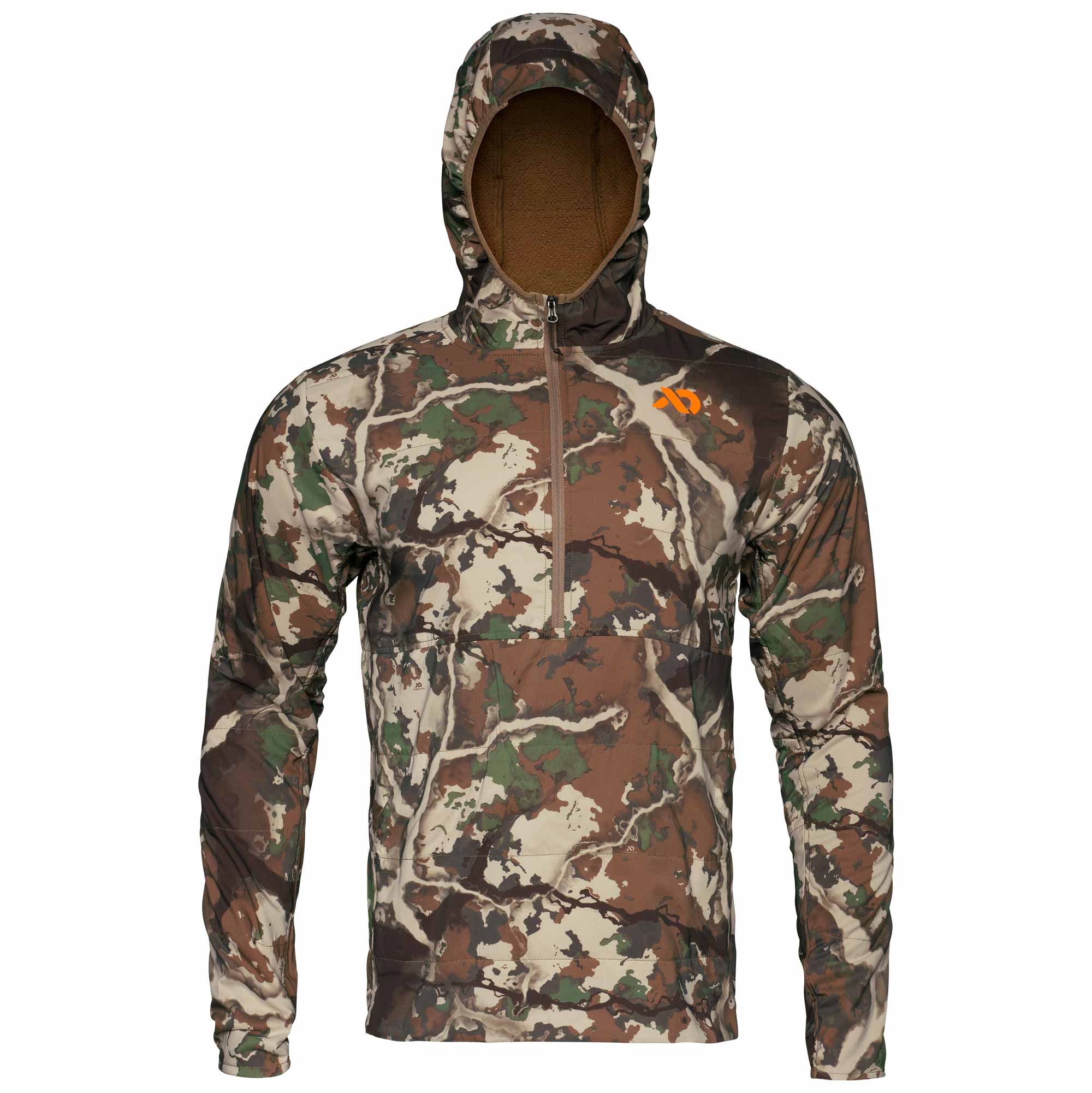 Camo hooded jacket with half-zip, orange logo, and brown fleece hood lining.