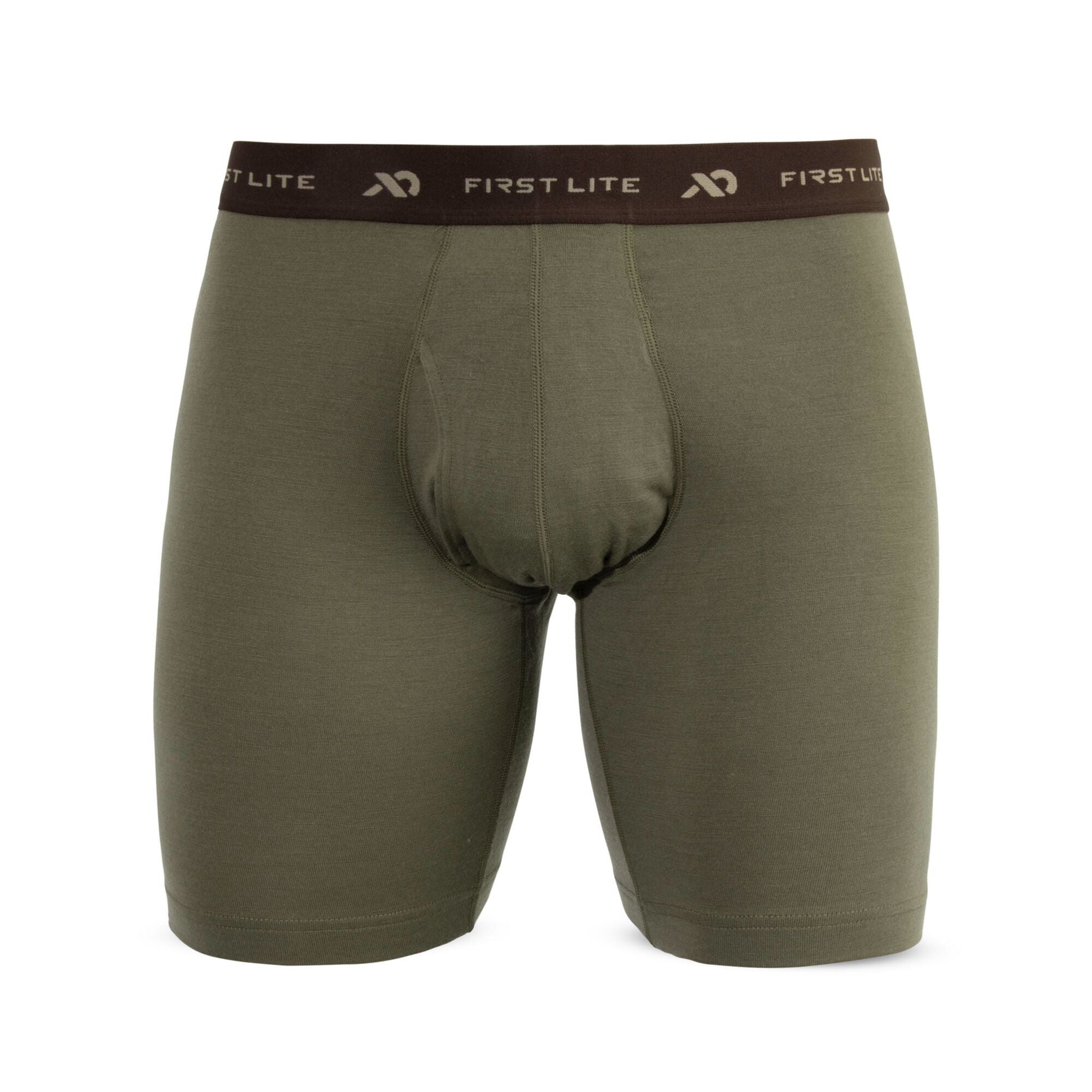 Olive green boxer briefs with a dark brown "FIRST LITE" logo waistband and front contour pouch.