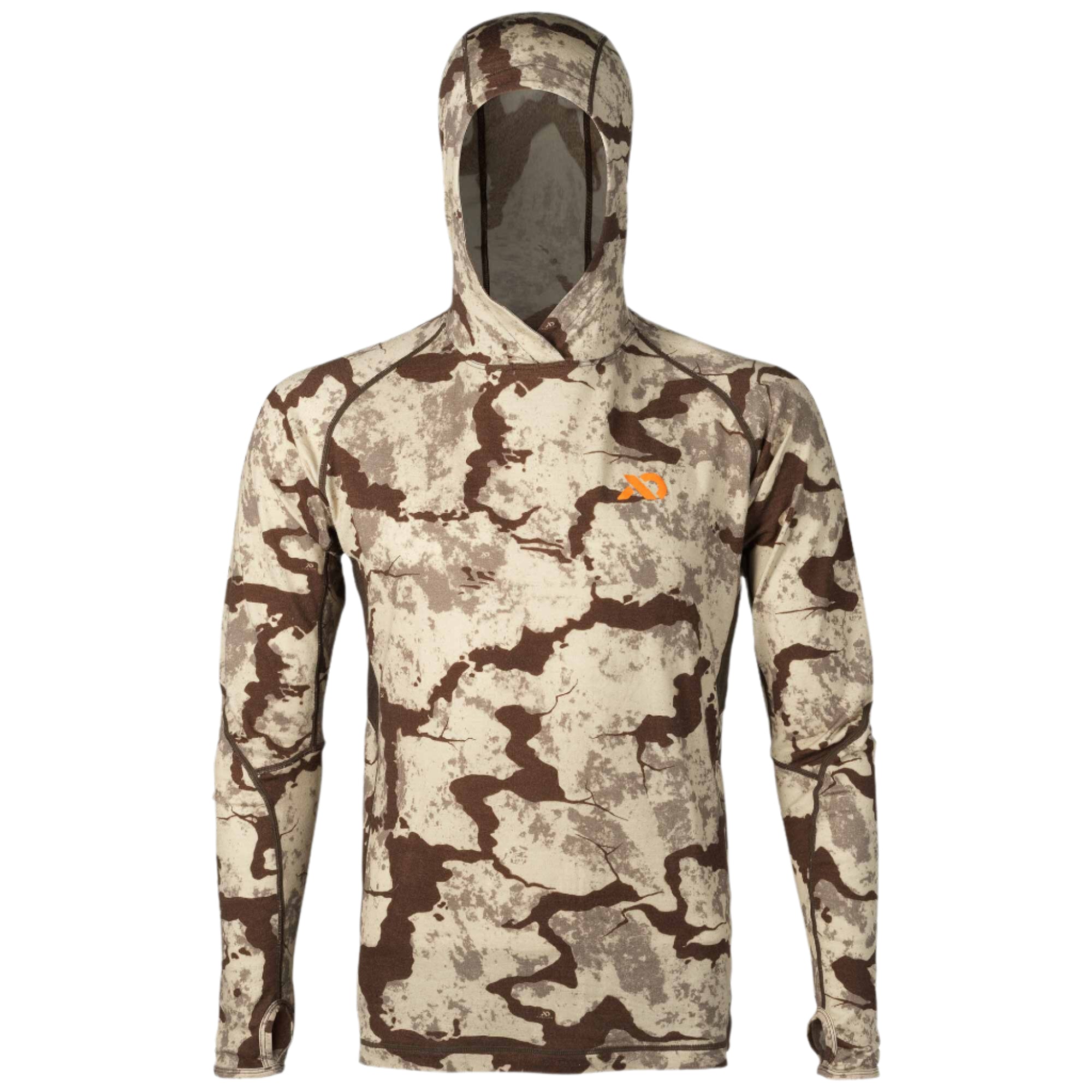 Long-sleeve hooded base layer shirt in brown and tan camouflage with an orange logo on the chest and thumb loops.