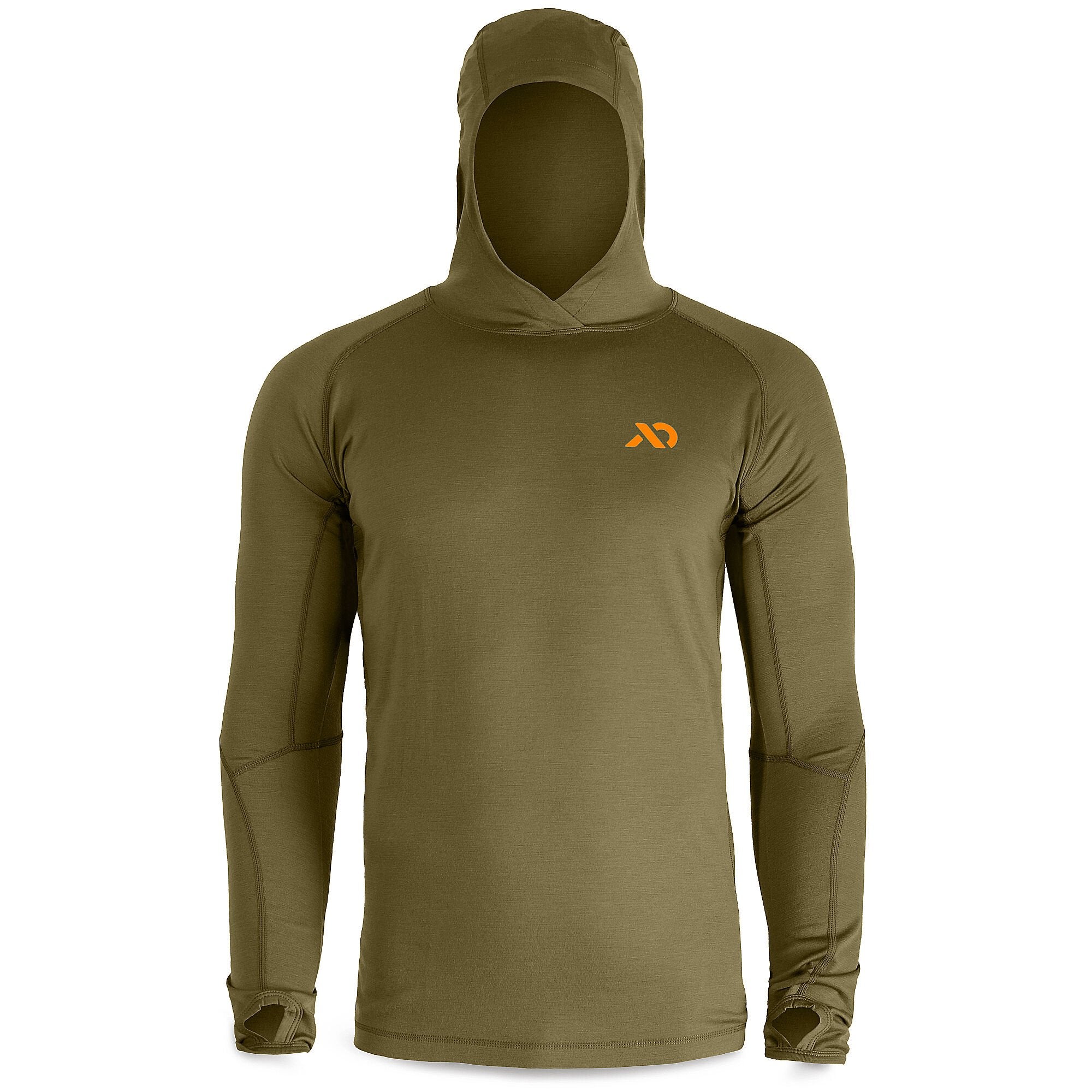 Olive green long-sleeve hooded shirt with an orange logo, integrated hood, and thumbholes at the cuffs.