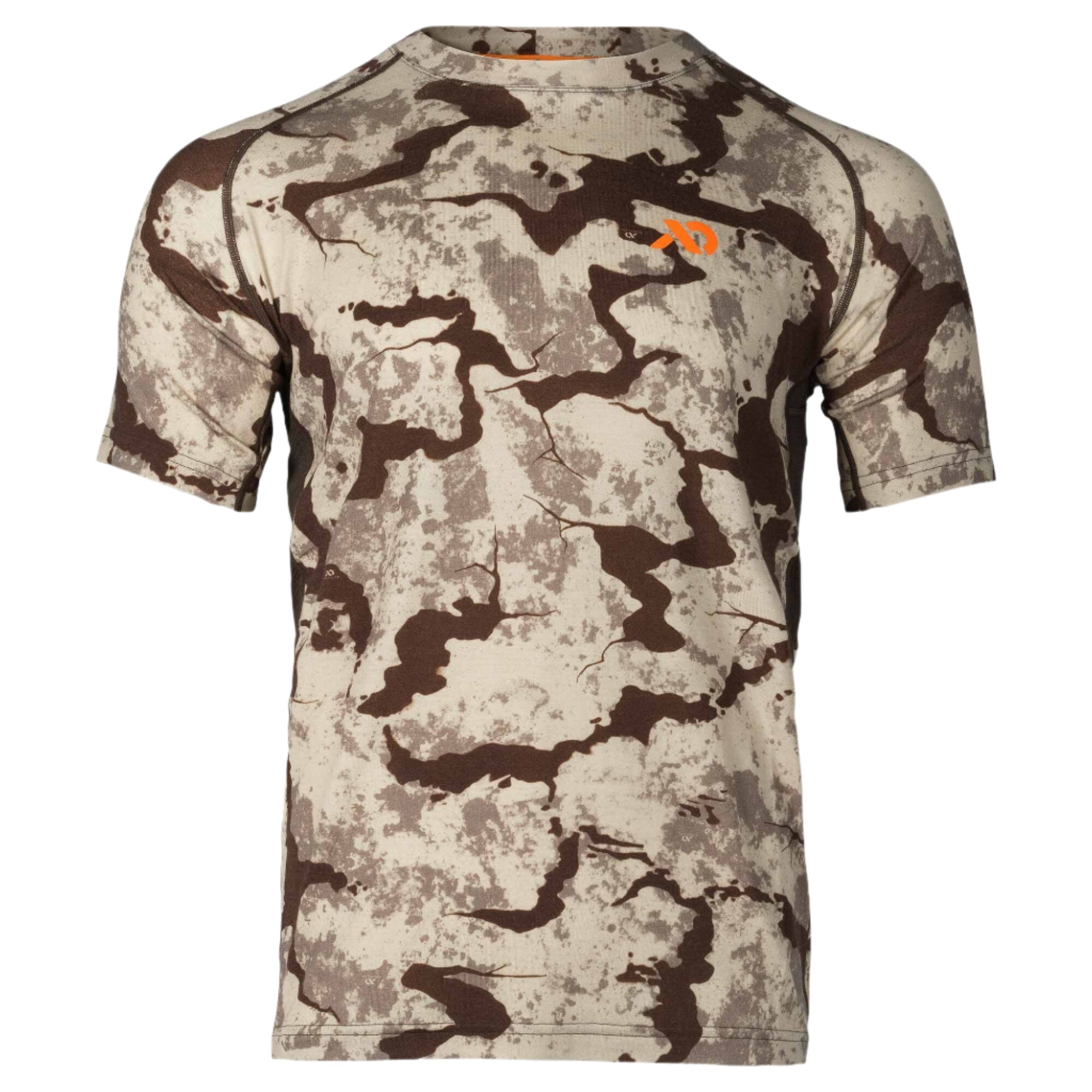 Tan, brown, and grey camouflage short-sleeve t-shirt with an orange logo on the chest and visible flatlock seams.