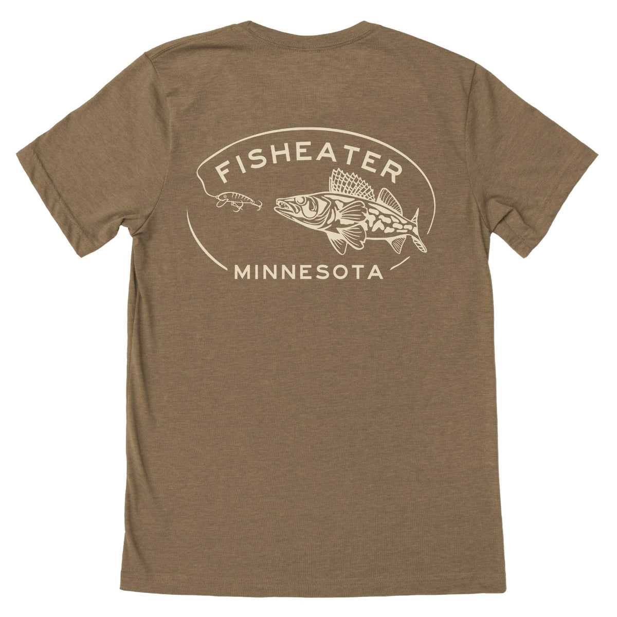 Brown t-shirt with fish graphic and 'Meateater Minnesota' text on a white background.