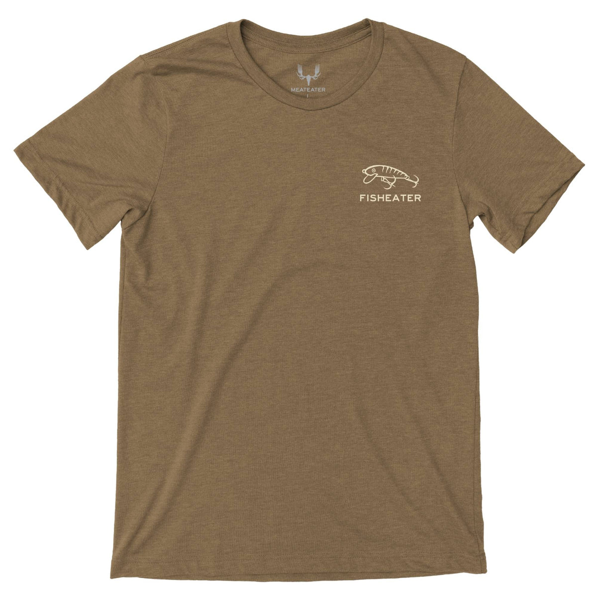 Brown t-shirt with a logo and text on a white background.