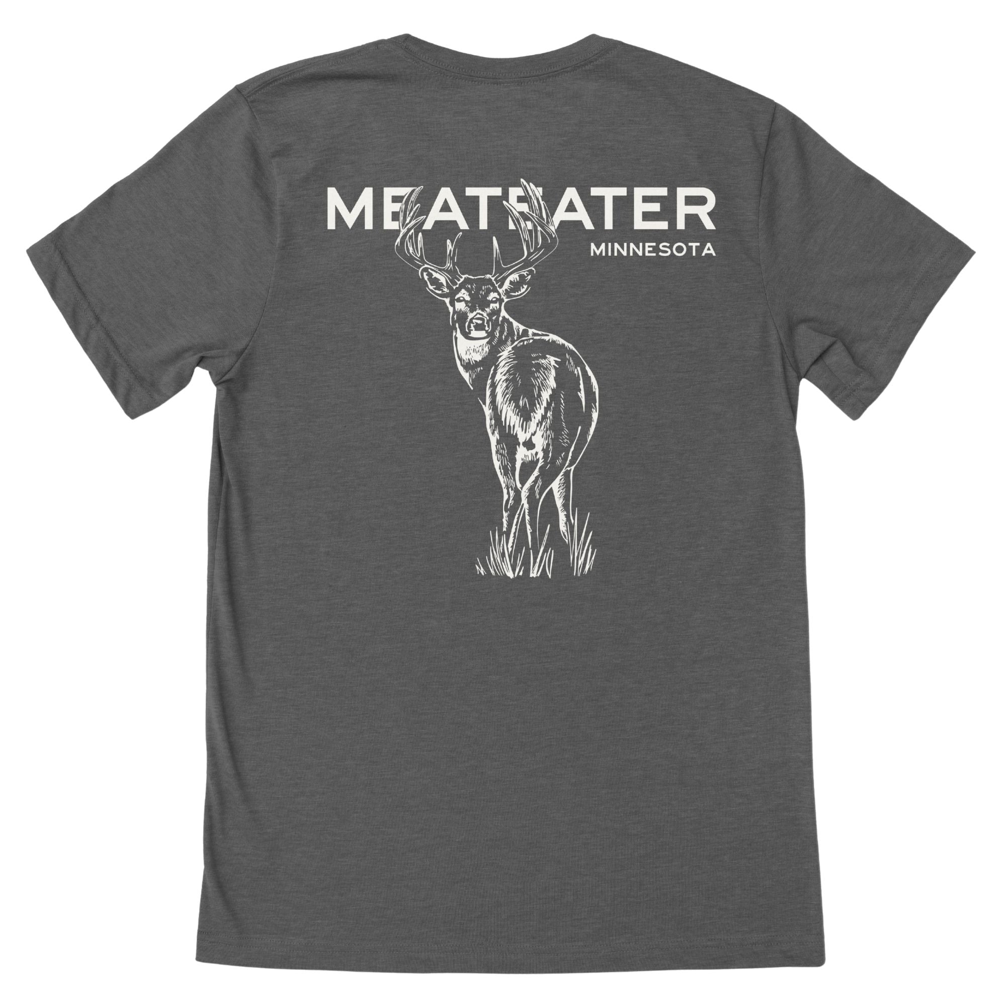 Gray t-shirt featuring "MEATEATER MINNESOTA" with a whitetail deer below