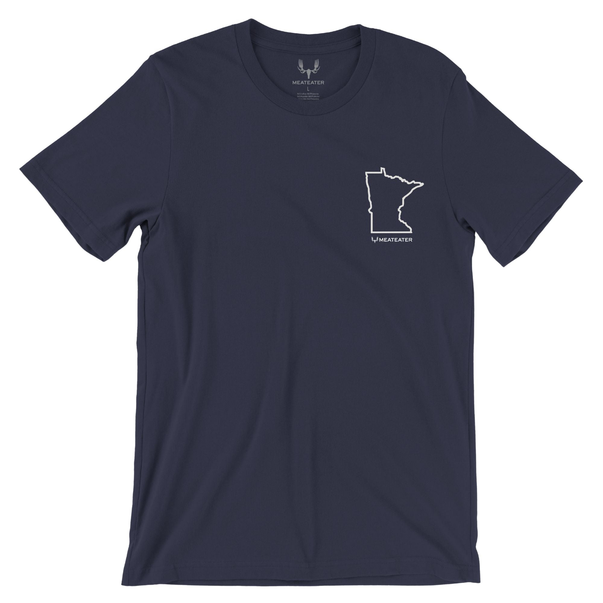 Navy t-shirt with Minnesota map featuring "MEATEATER" below in the upper left side of the t-shirt