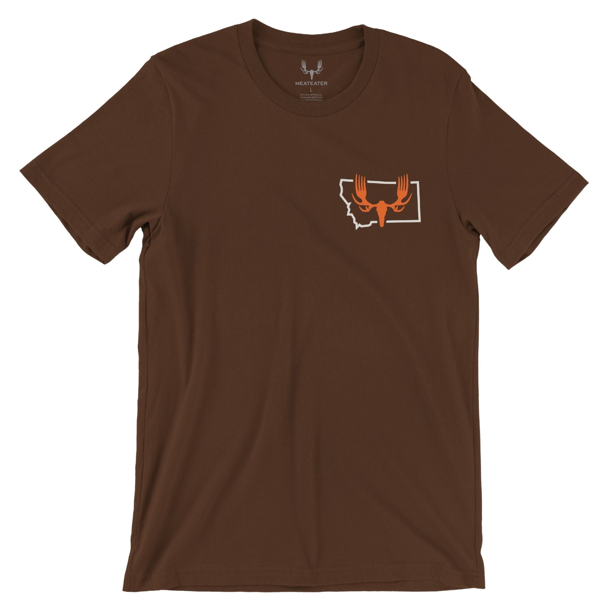 Brown t-shirt with an orange MEATEATER logo inside a Montana map in the left chest.
