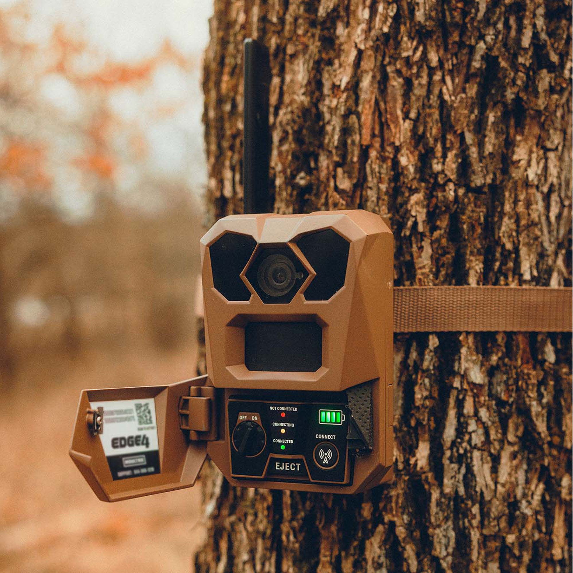 A brown trail camera with an open front door and antenna, mounted on the side of a tree trunk in an outdoor forest setting.