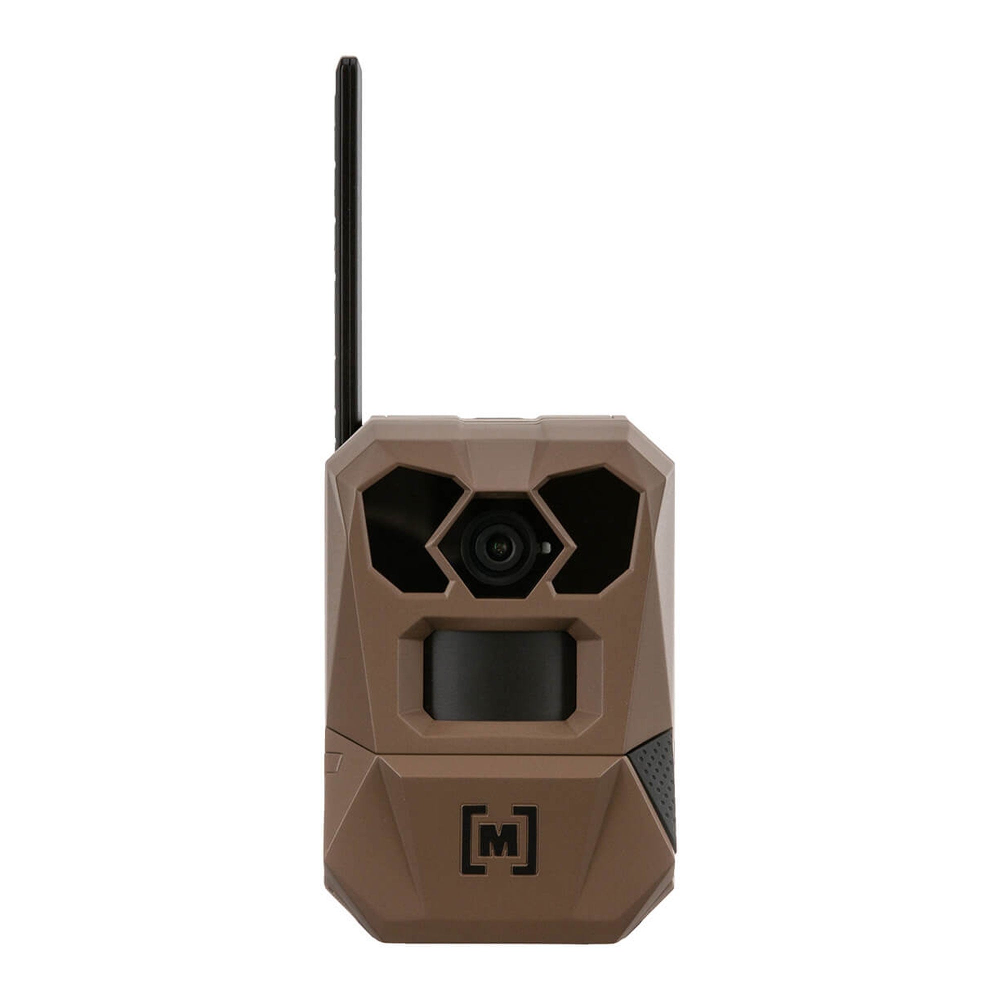 A brown trail wireless camera with an antenna, featuring a black lens and motion sensor window on a solid white background.