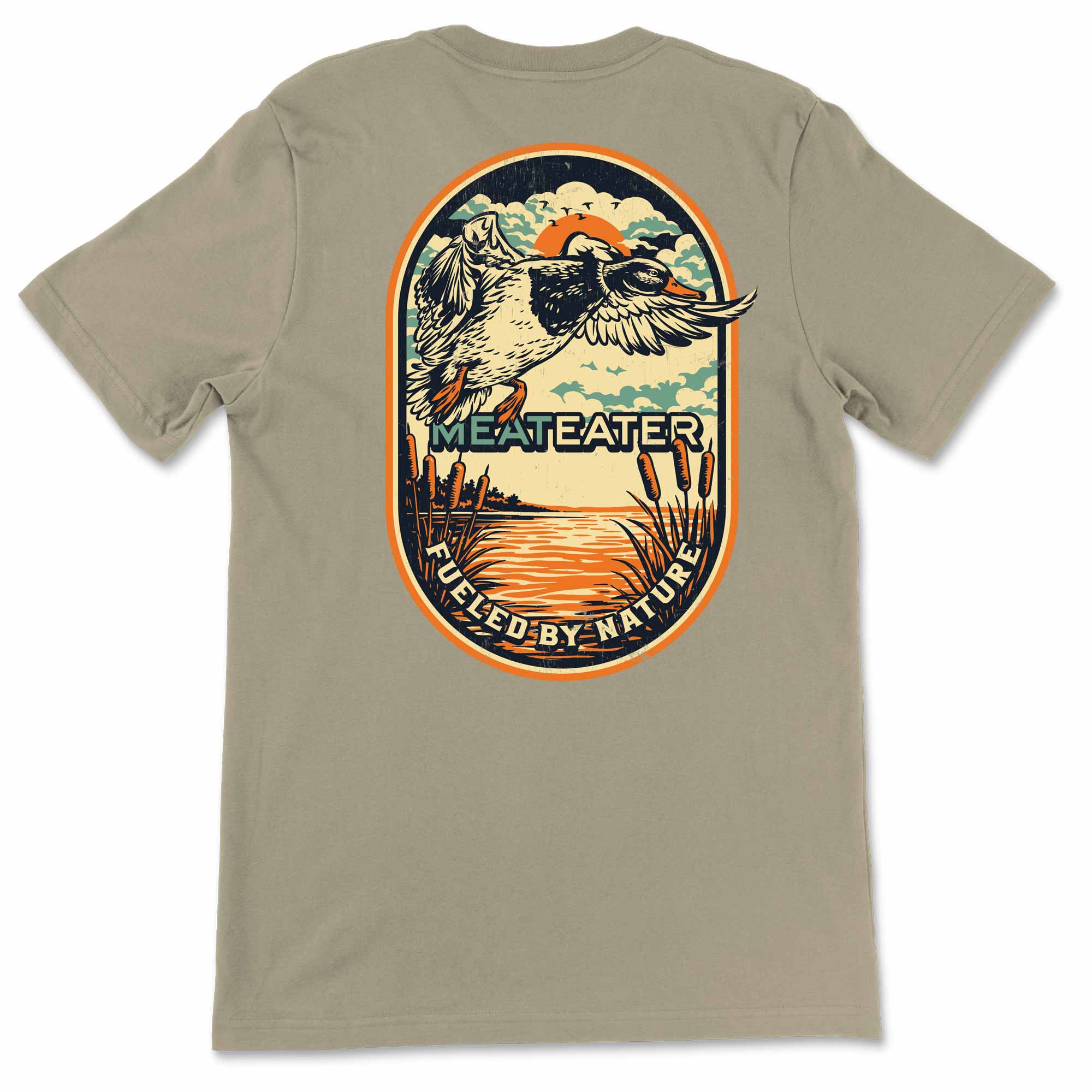 Beige t-shirt with a duck graphic and 'Meateater' branding on the back.