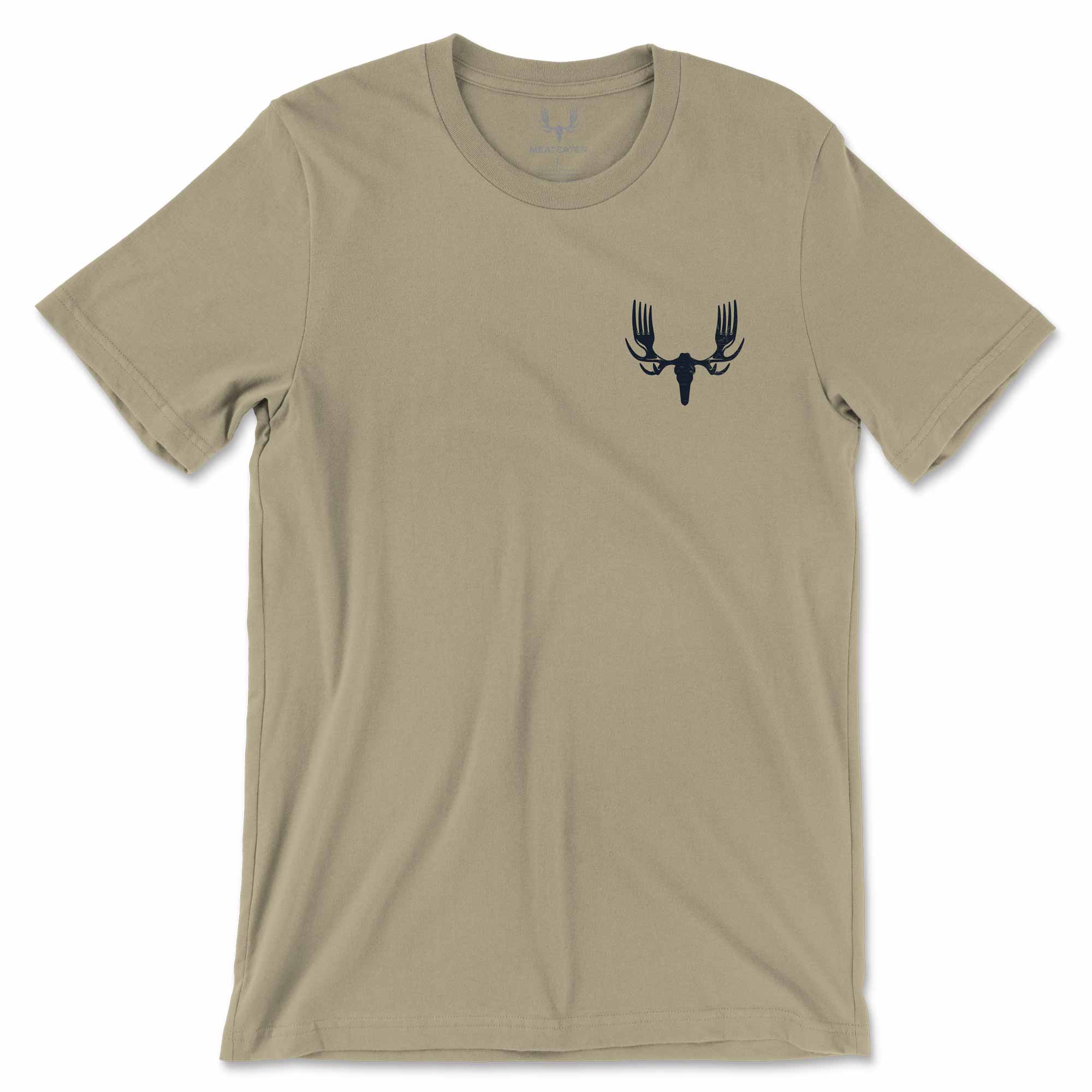 Beige t-shirt with a black deer head logo on a white background