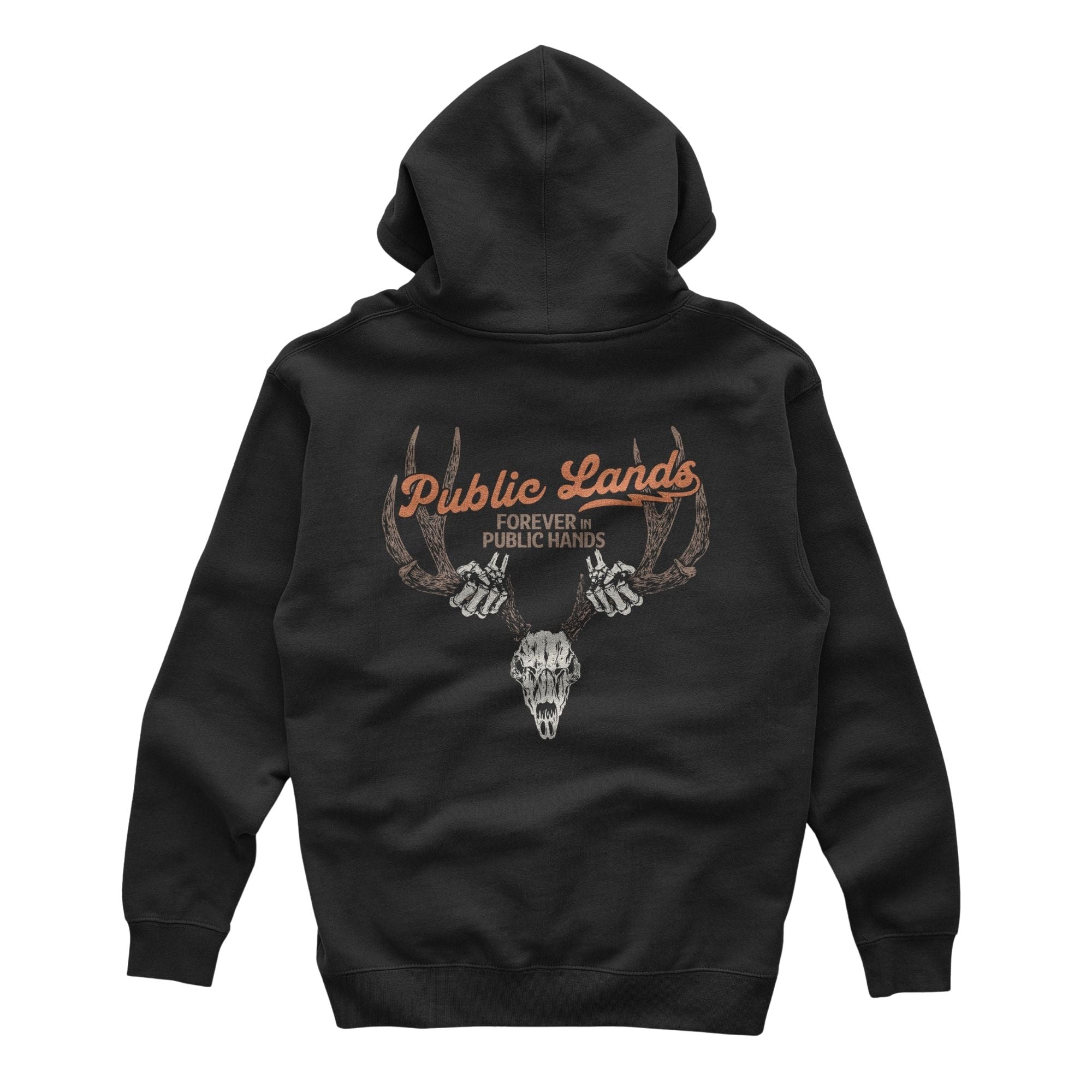 Black hoodie with "Public Lands" text in orange and a deer skull held by skeleton hands graphic.