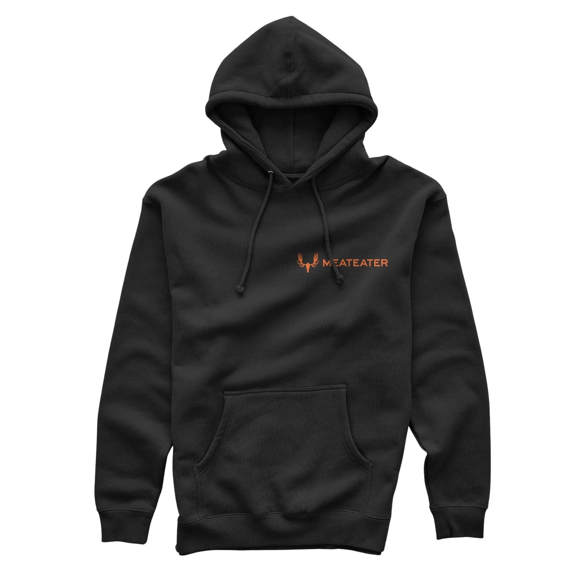 Black hoodie with orange MEATEATER logo, drawstring hood, and kangaroo pocket.