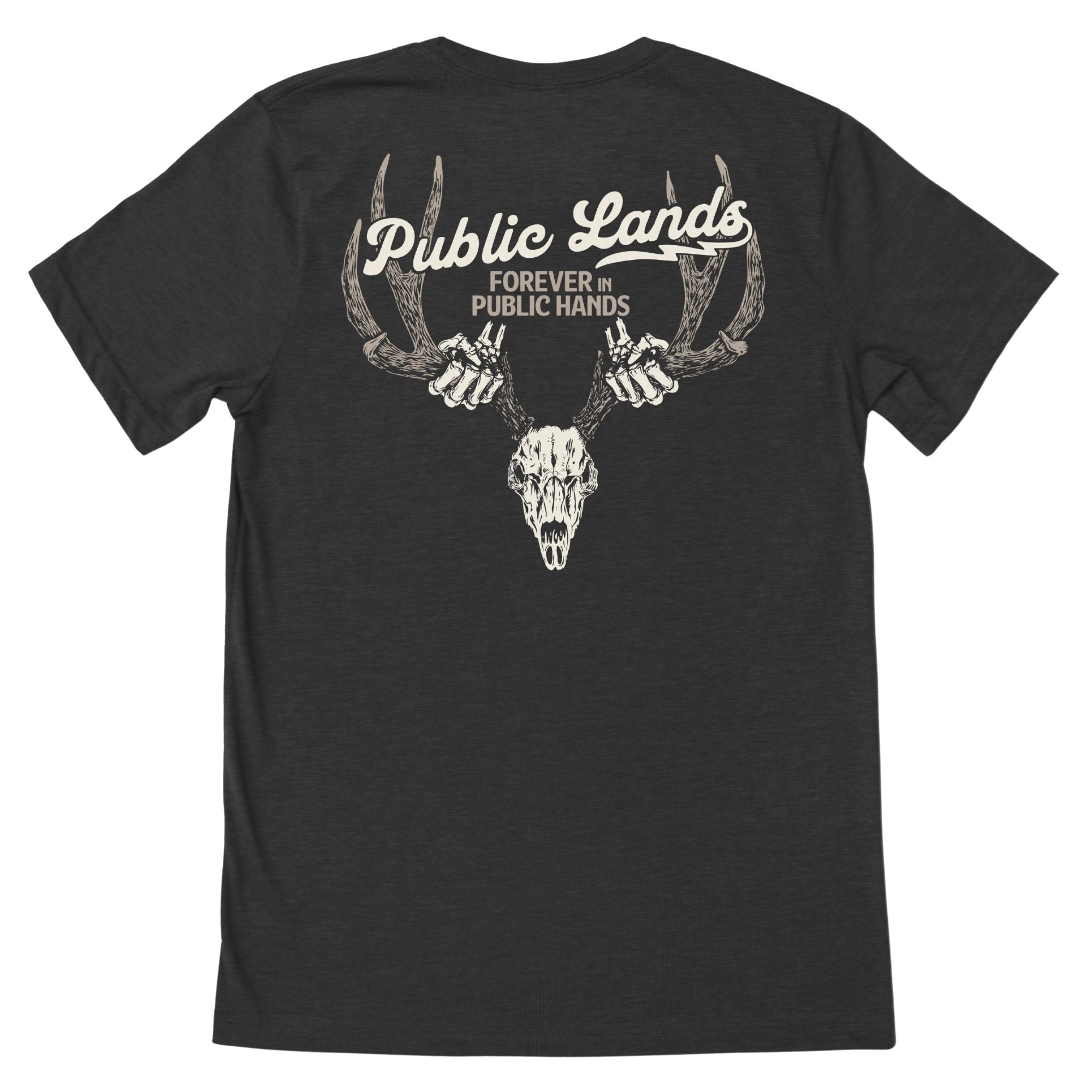 Charcoal heather t-shirt with "Public Lands" text over a deer skull held by skeleton hands.