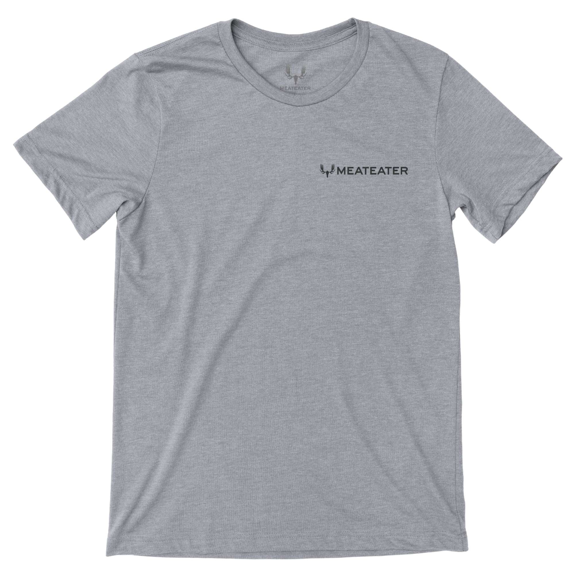 Grey heather T-shirt with black Meateater antler logo on left chest.