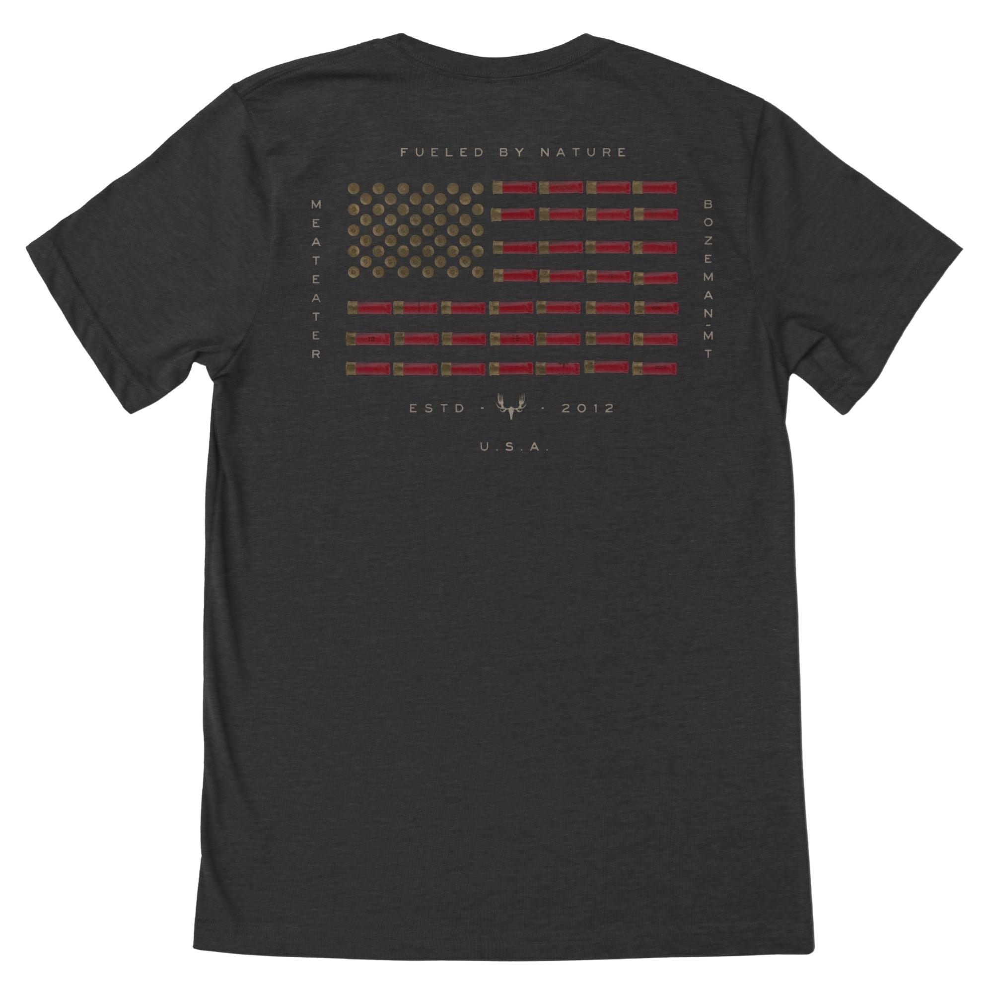 Charcoal heather t-shirt with American flag of spent bullet casings & red shotgun shells, "FUELED BY NATURE" text.