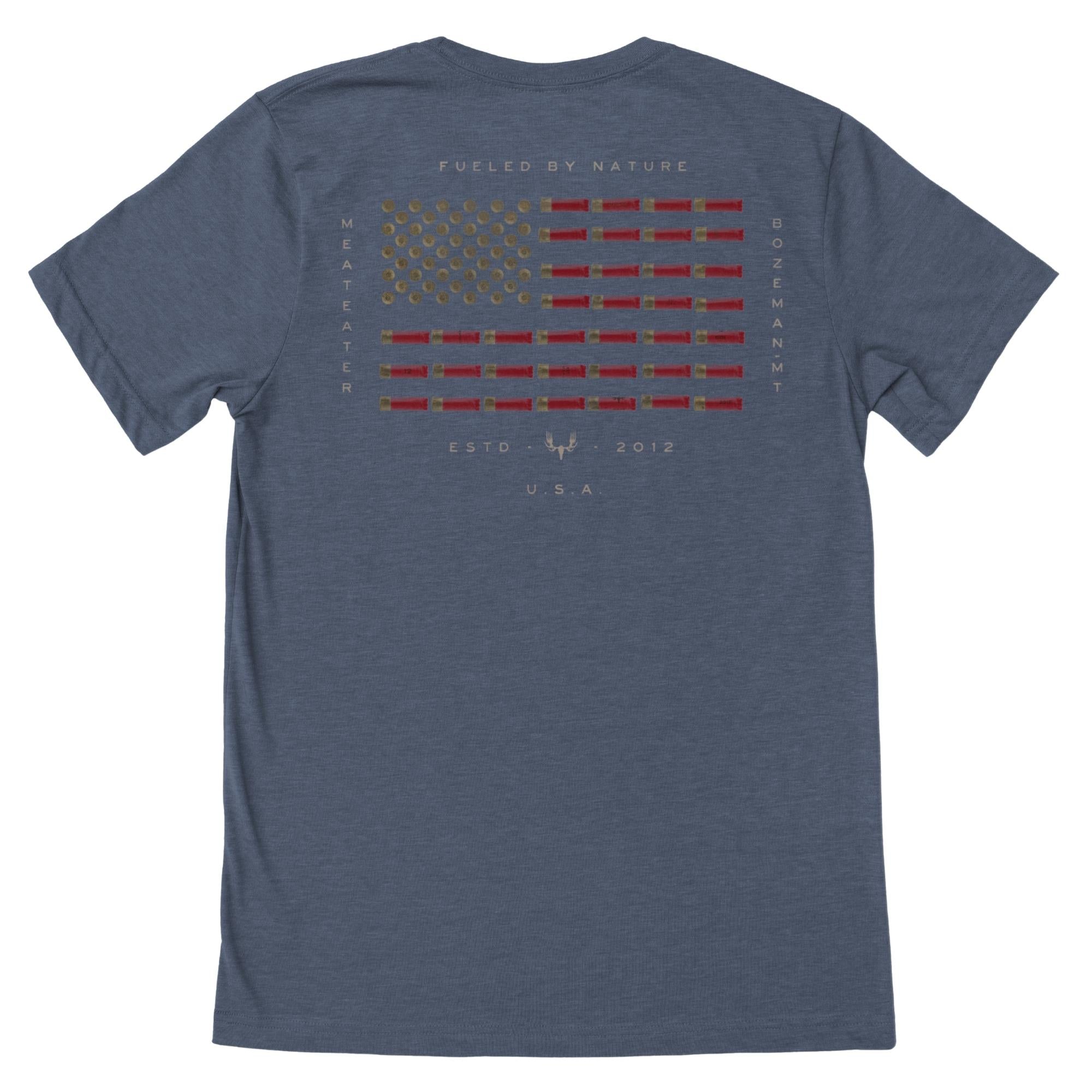 Navy heather t-shirt with American flag of spent bullet casings & red shotgun shells, "FUELED BY NATURE" text.