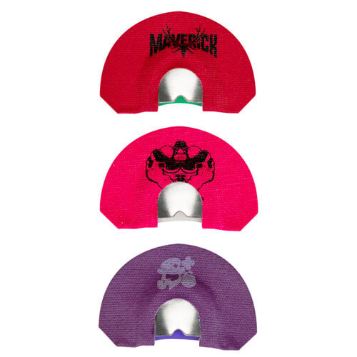 Three diaphragm calls: red Maverick, pink gorilla, purple skull designs.