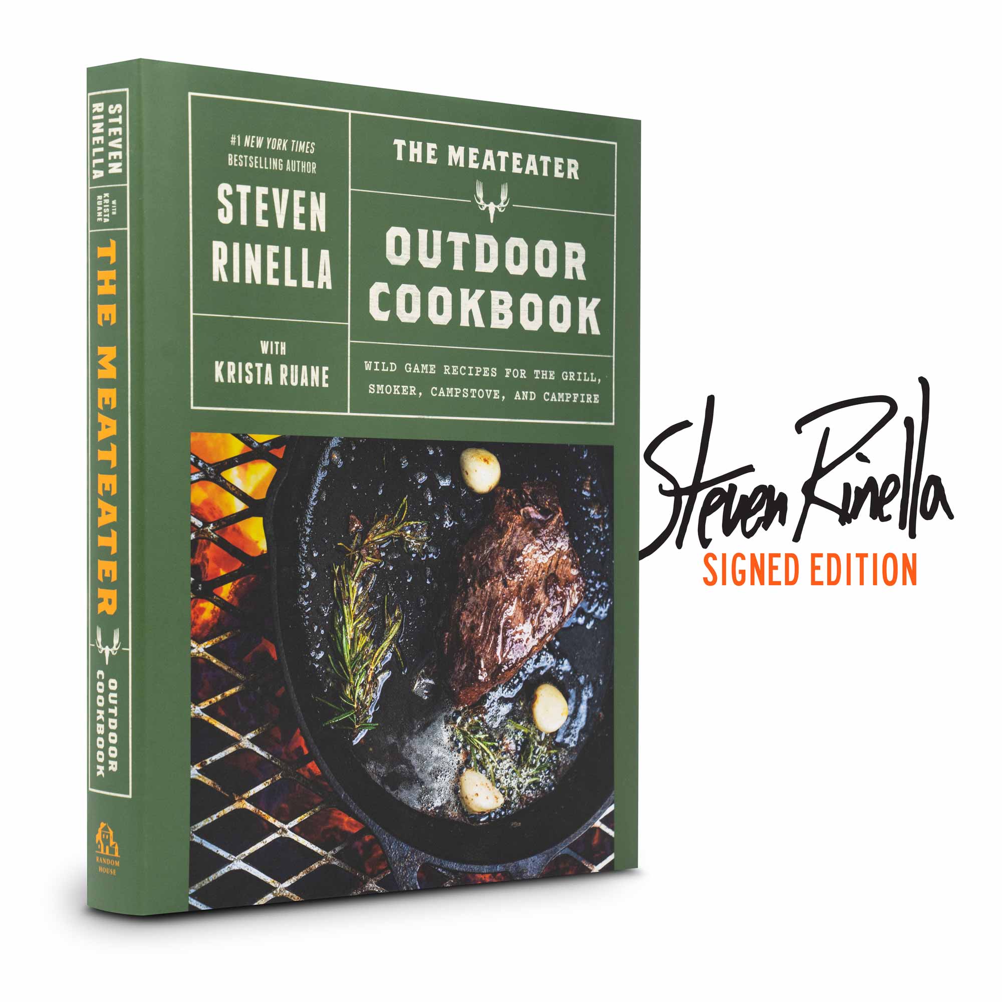 Book cover of 'The MeatEater Outdoor Cookbook' by Steven Rinella with a green background and image of roasted meat.