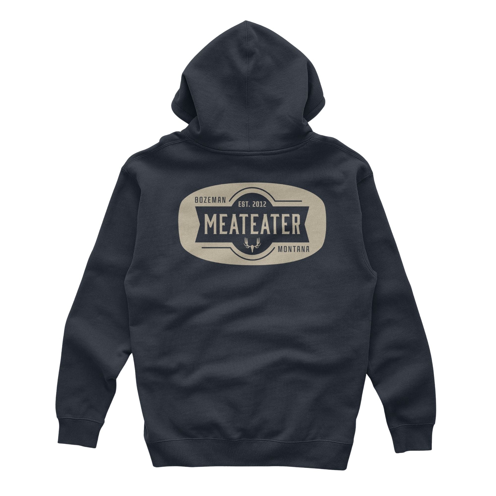 Navy hoody with MEATEATER branding in beige with text "Bozeman Est. 2012 Meateater Montana".