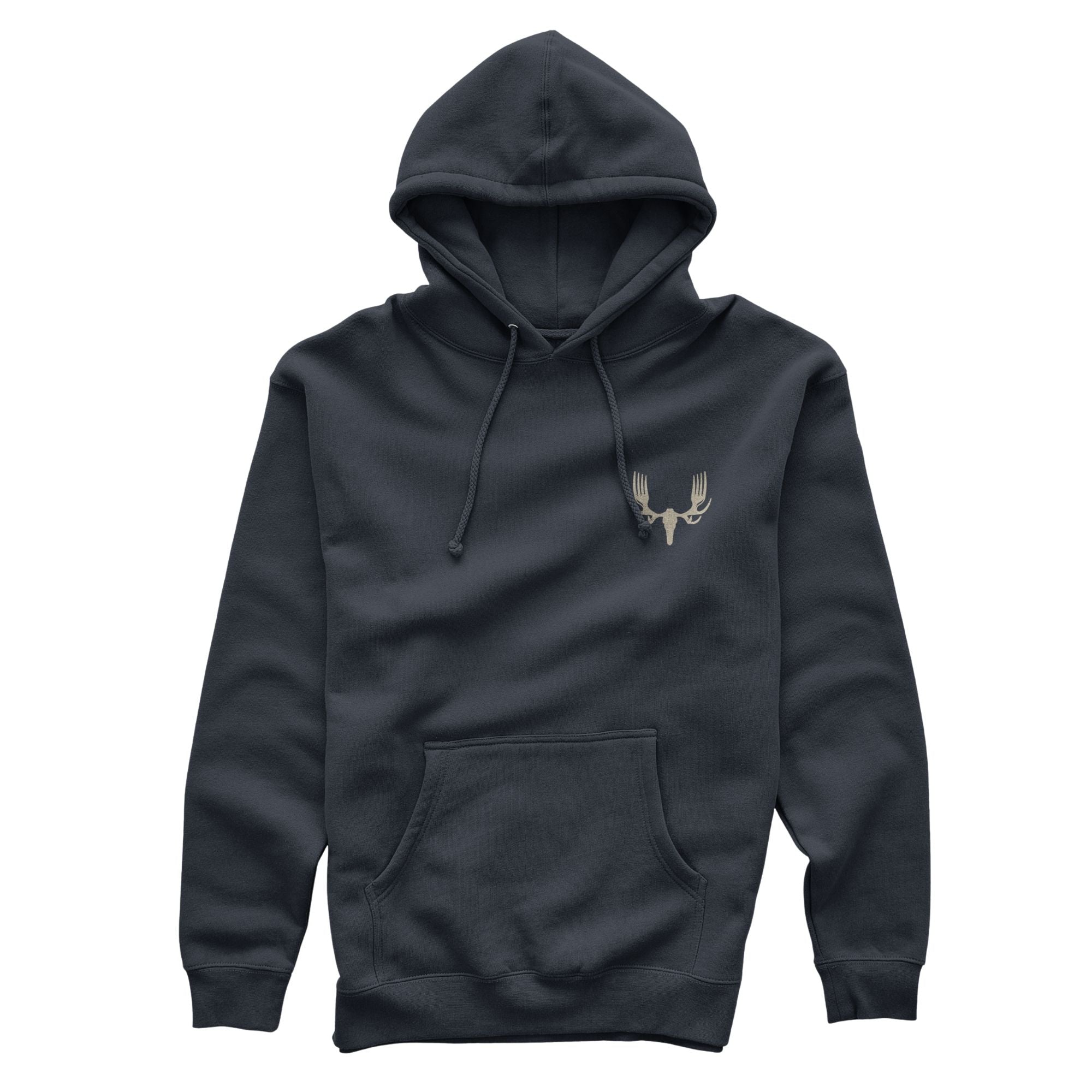 Navy hoodie featuring beige MEATEATER logo on the left chest, it has a drawstring hood, and kangaroo pocket.