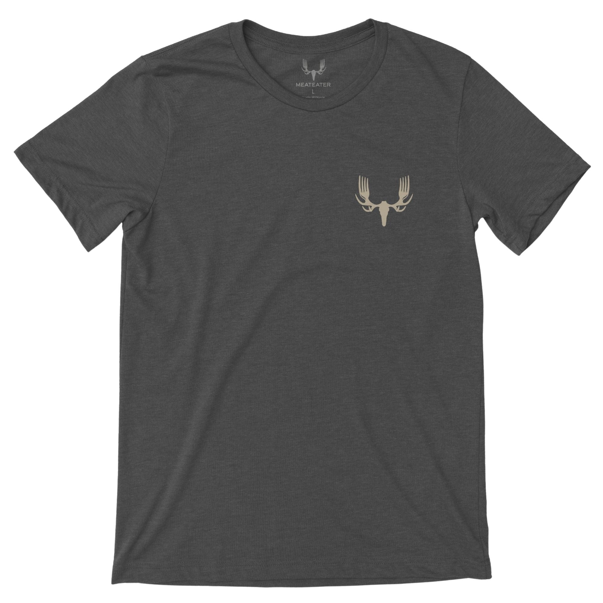 Charcoal heather t-shirt with MEATEATER logo in beige in the left chest.