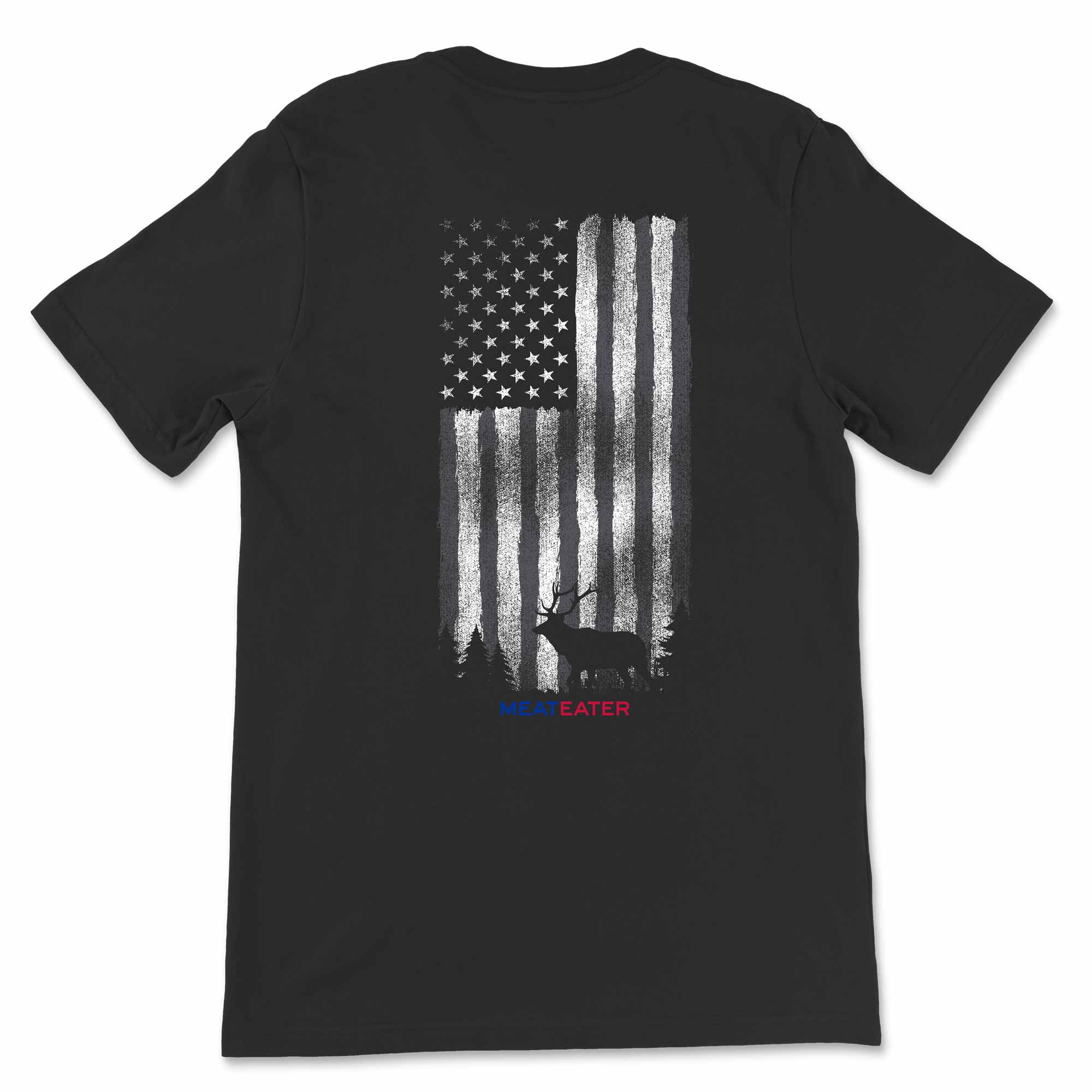 Black t-shirt with American flag and elk silhouette design on a white background