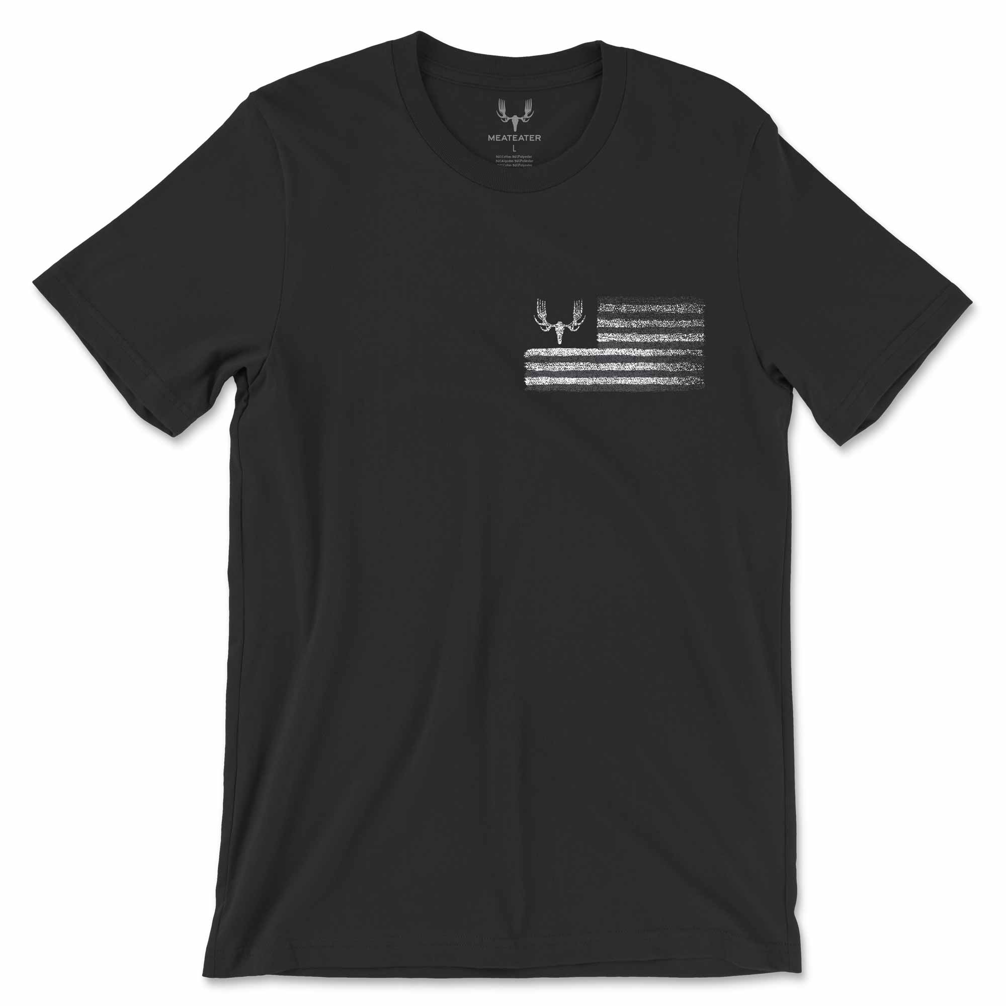 Black t-shirt with a white flag graphic on a white background