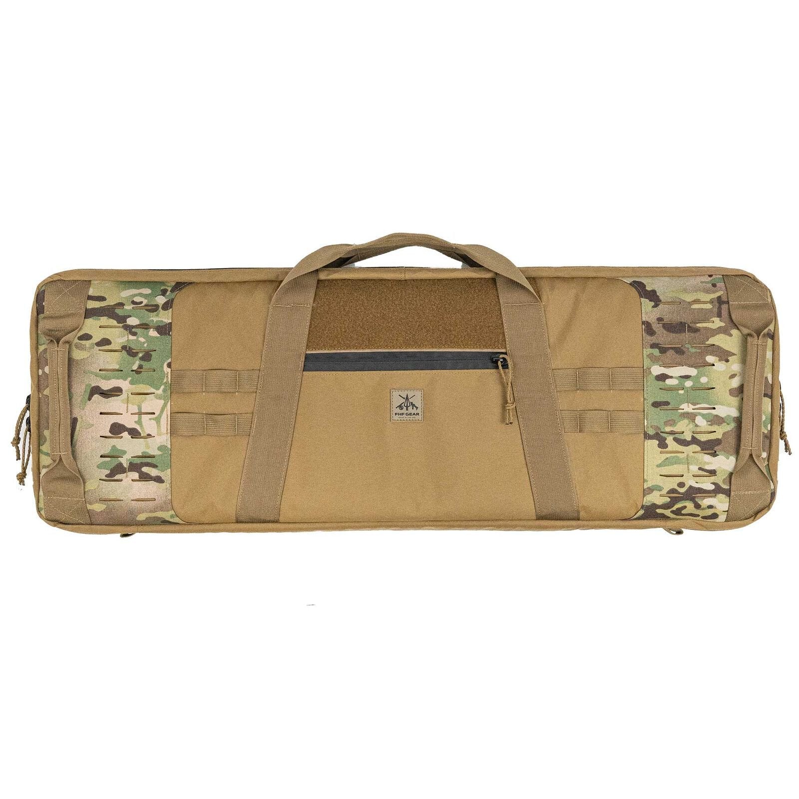 Tan rifle case with Multicam ends, carry handles, zippered pocket, and MOLLE webbing.