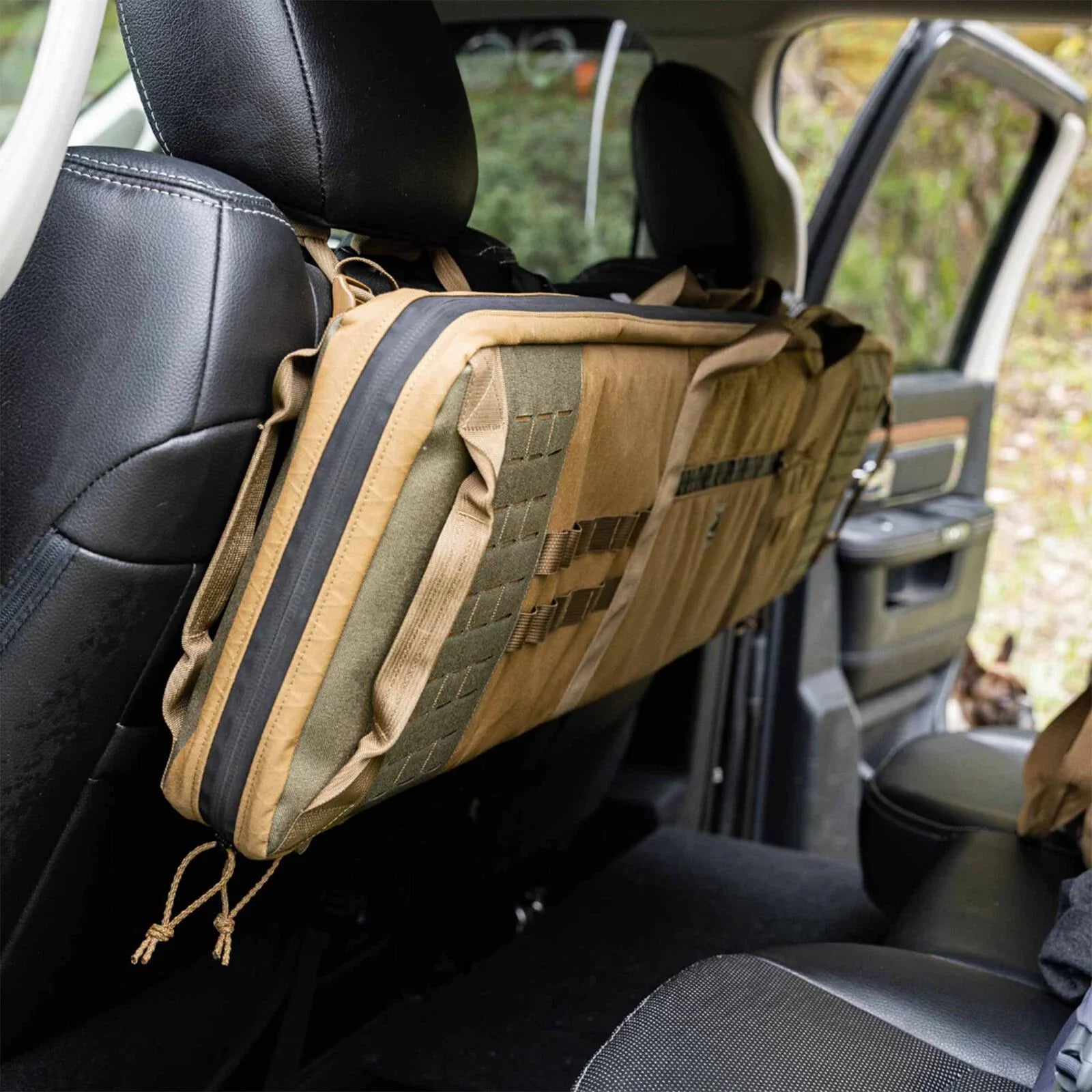 Tan & olive tactical car seat organizer with MOLLE.