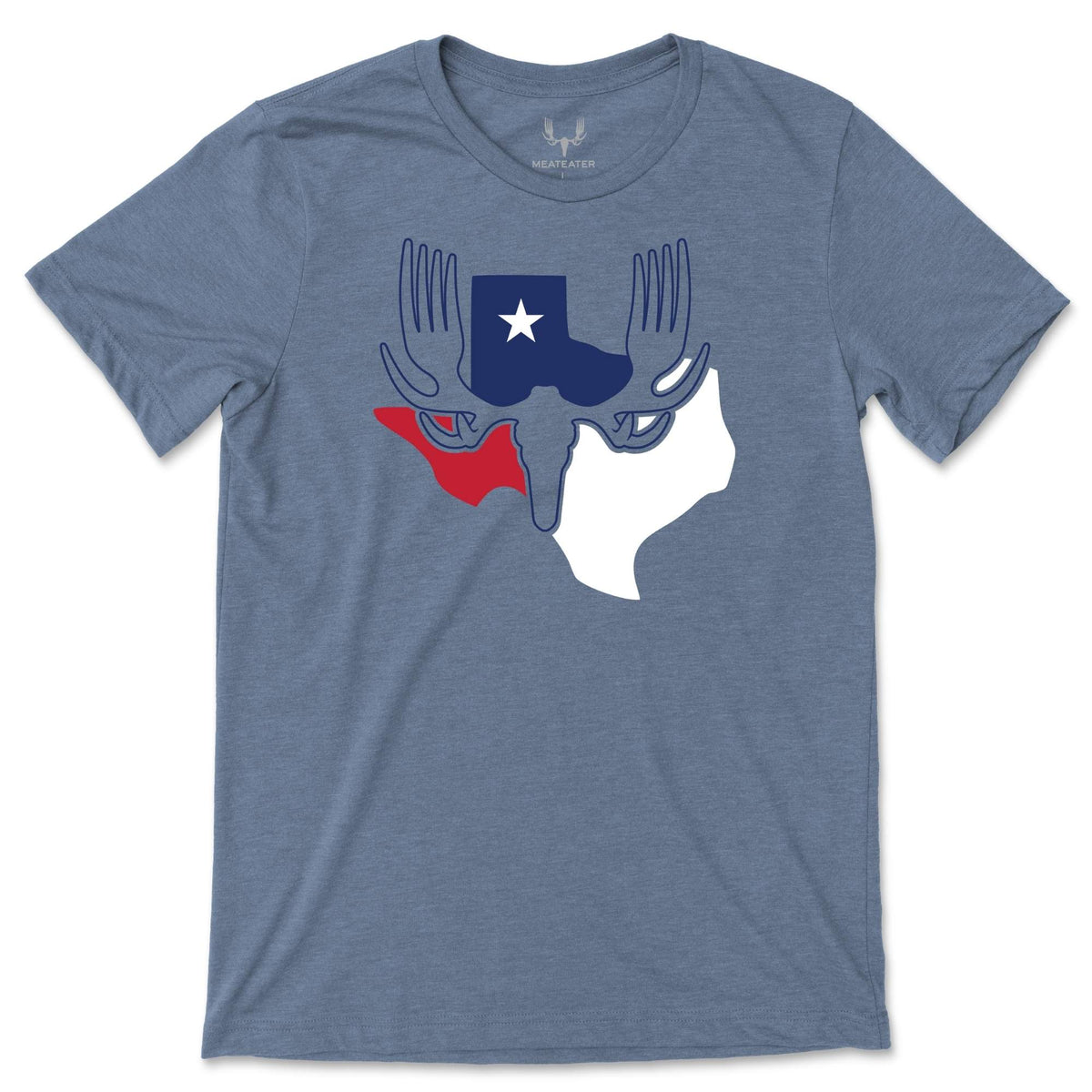 Light blue heather T-shirt with Texas flag in red, blue and white at the center and MEATEATER logo on top of it.