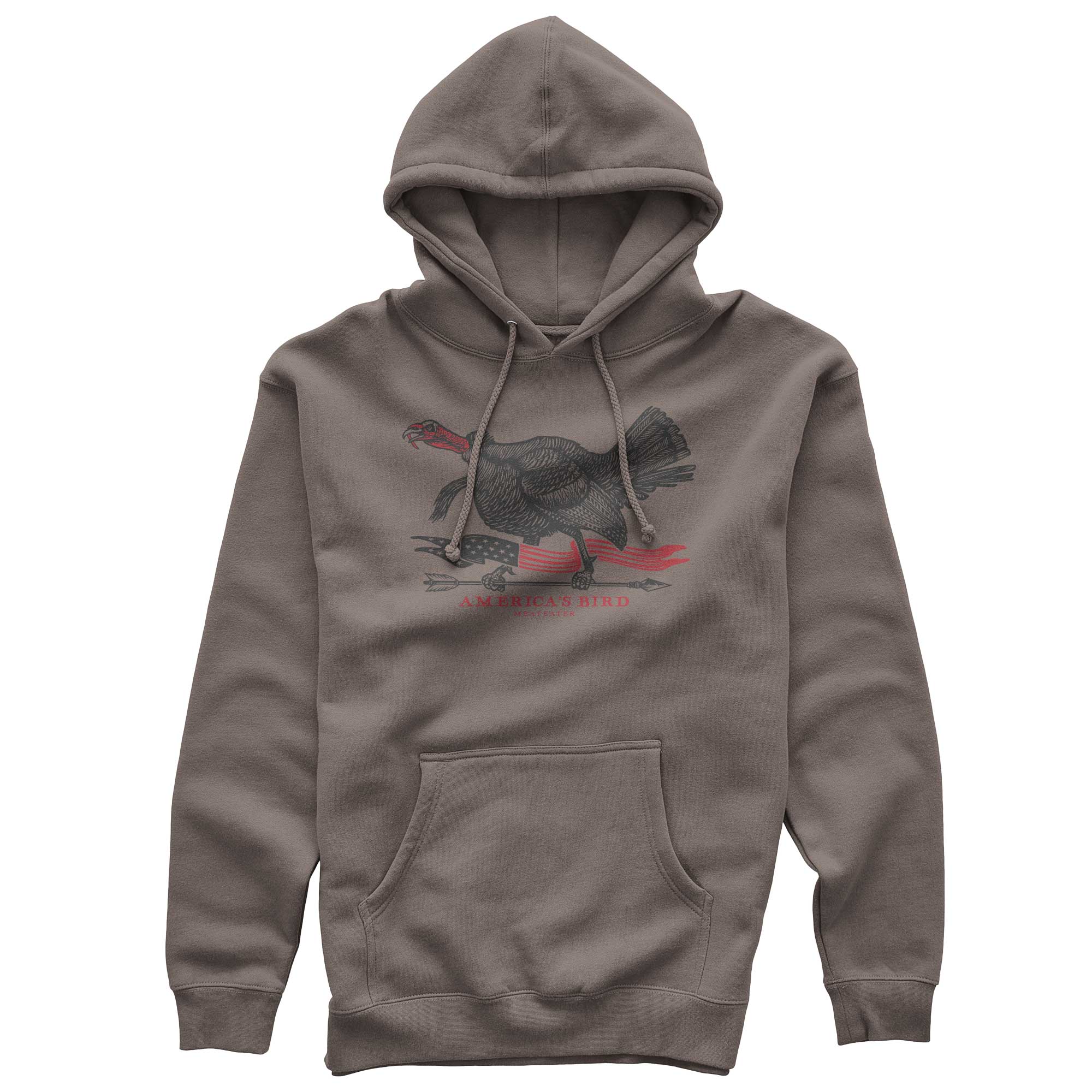 Brown hoodie with black turkey graphic, red banner, and 'AMERICA'S BIRD' text.
