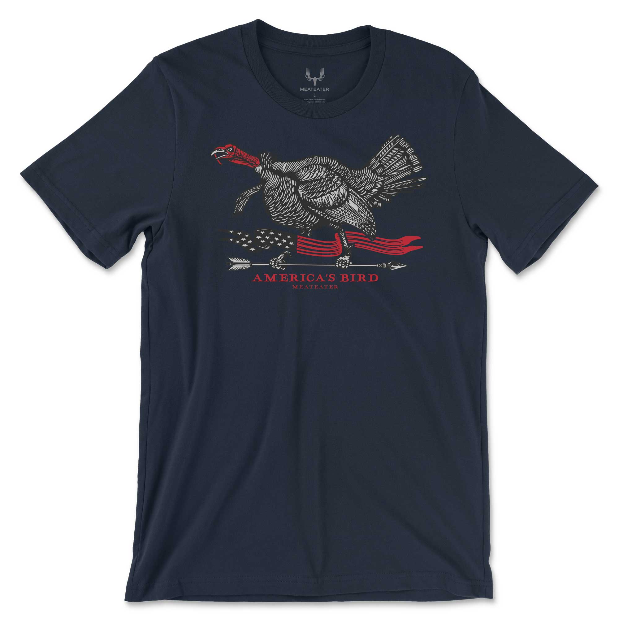 Navy t-shirt with a wild turkey, American flag, and "America's Bird" graphic.
